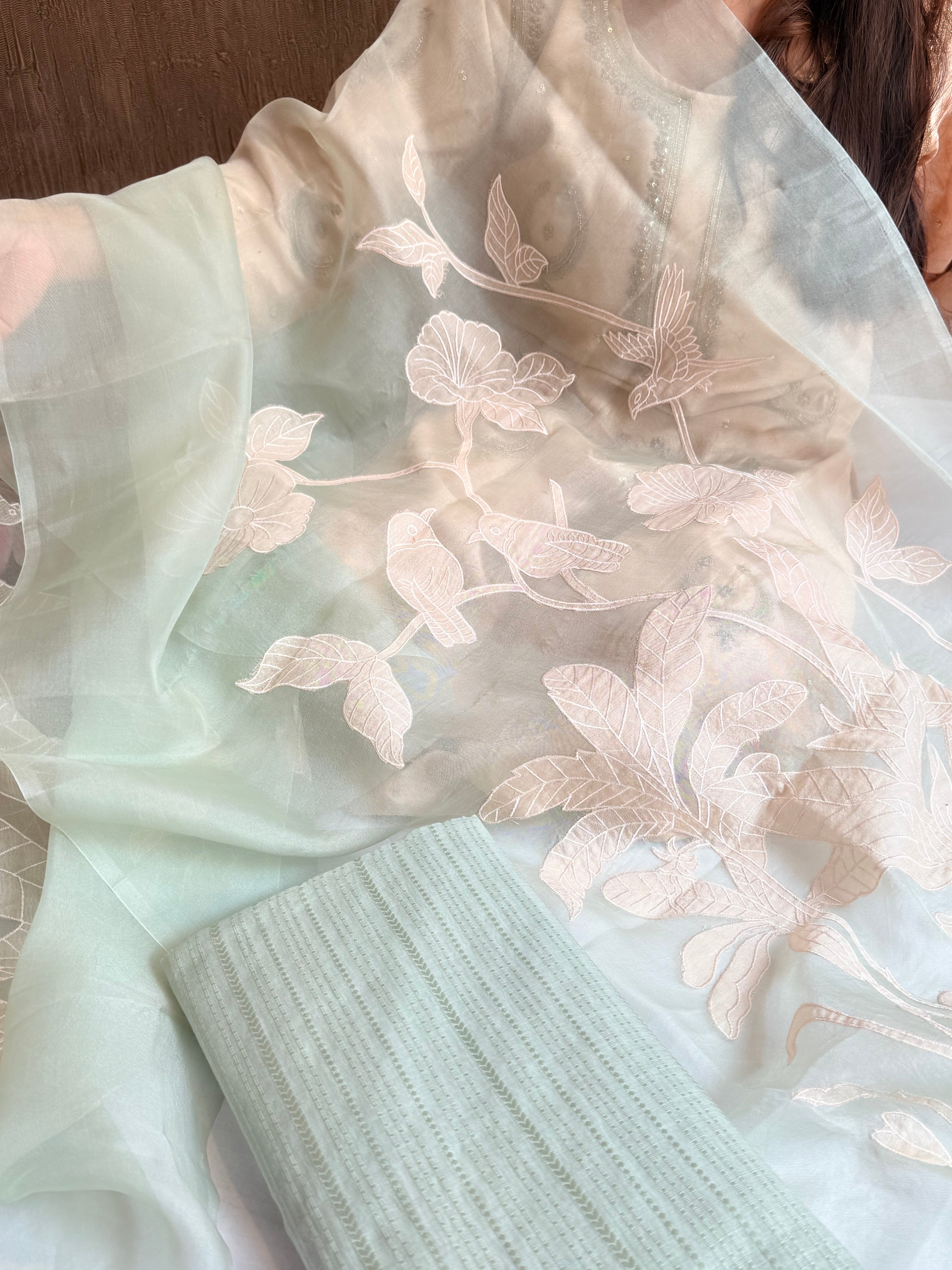 Appliqué work mul cotton striped kurta paired with kora silk embroidered duppata