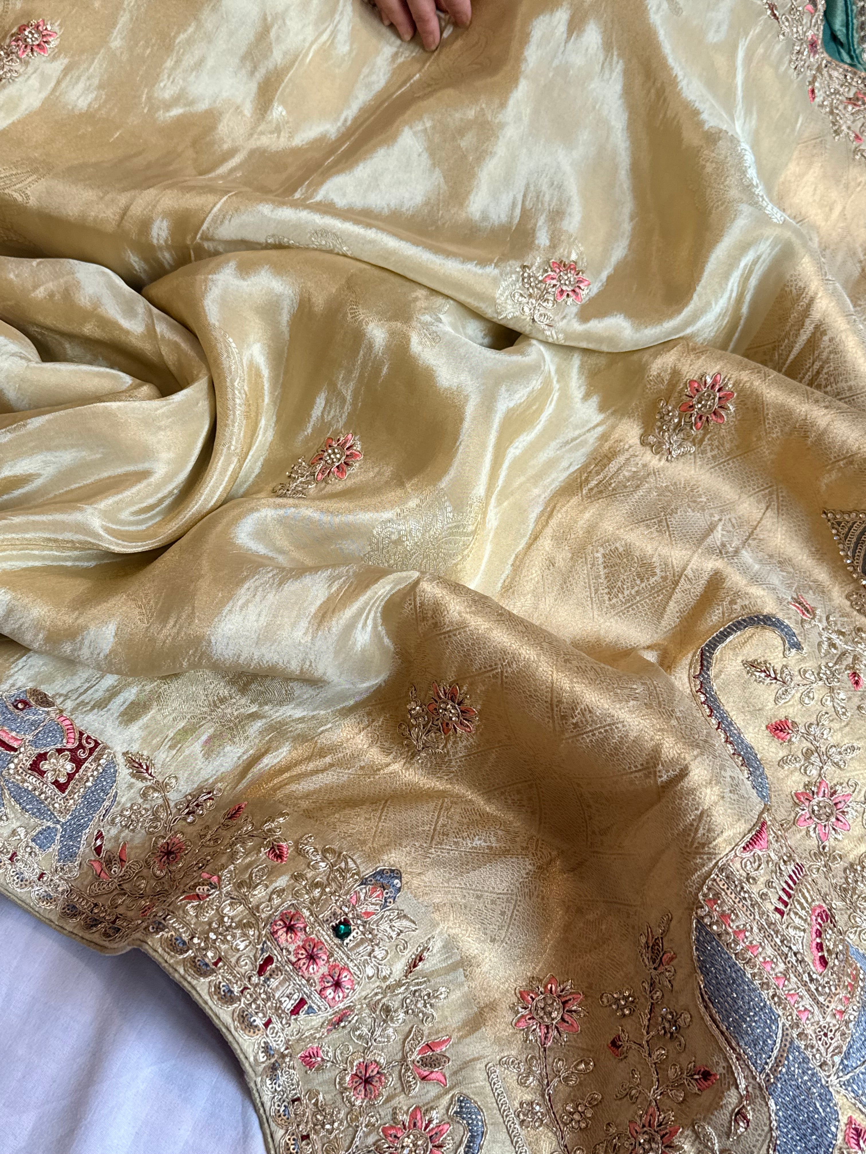 Champagne gold hathi wali crepe tissue embroidered saree