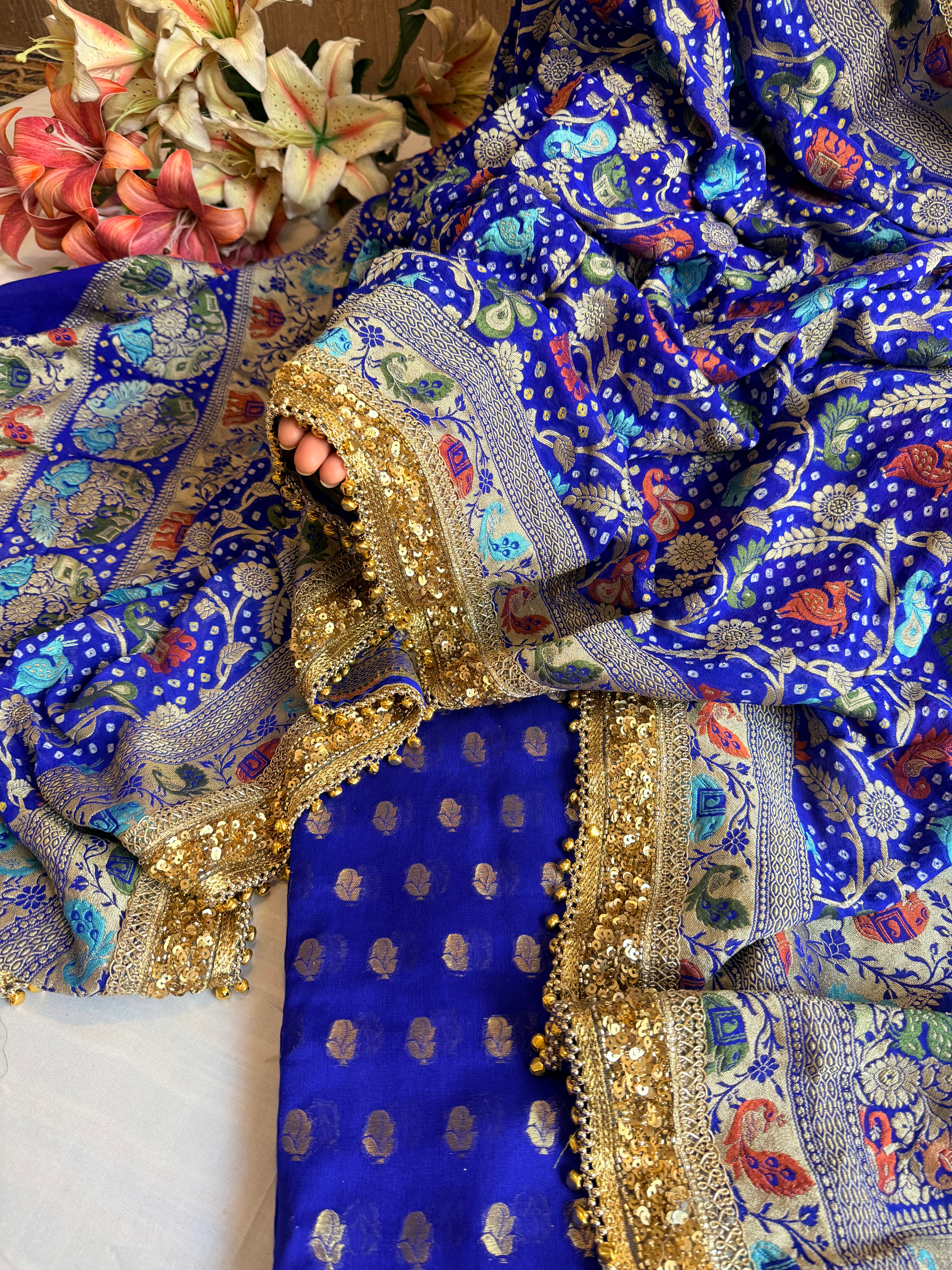 Banarasi bandhej ink blue ghungroo and sequin work chiffon gorgette kadhwa suit set