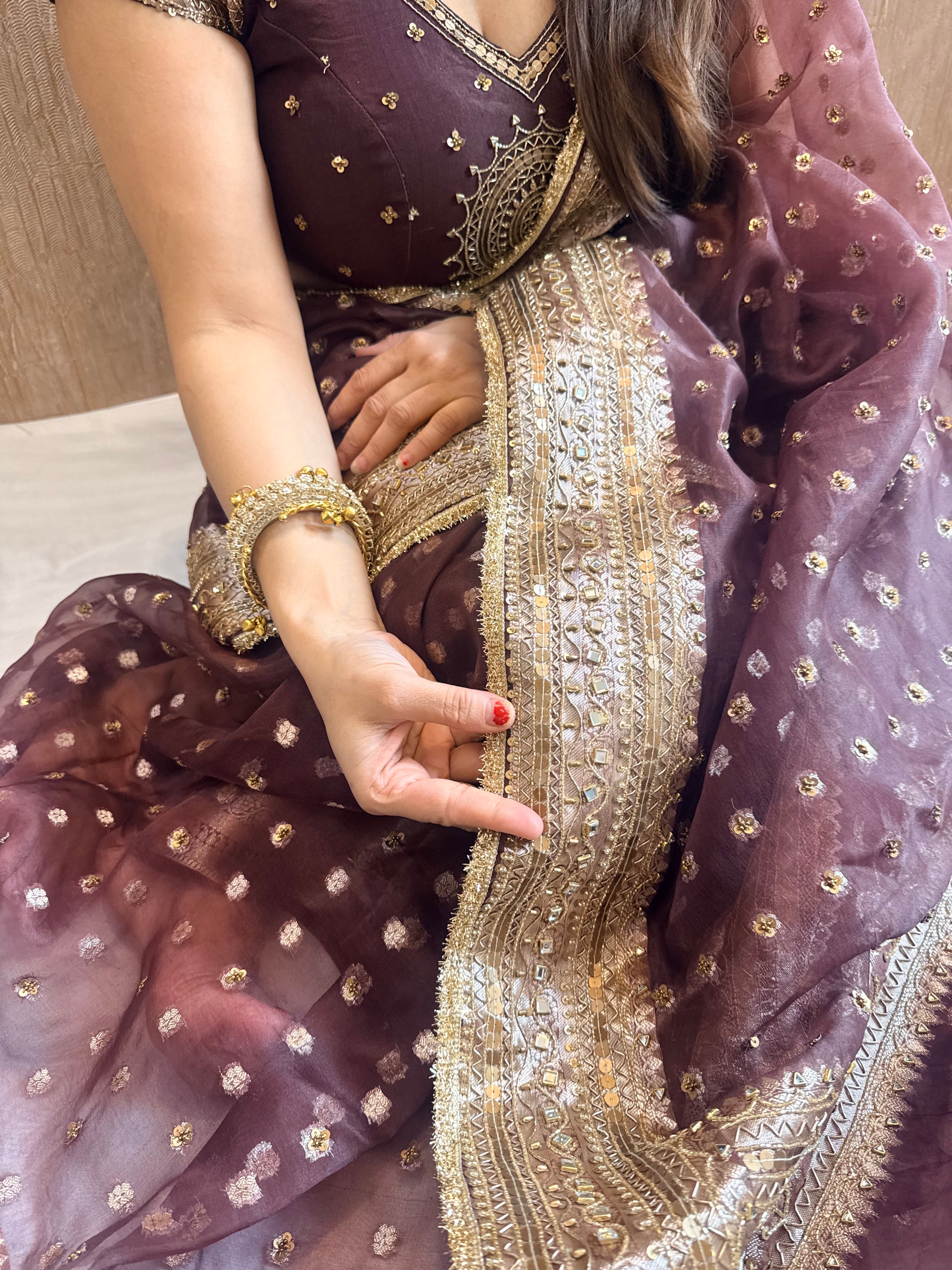 Coffee brown kora silk bollywood inspired antique work hand embroidered saree ( Blouse stitched size M-L )