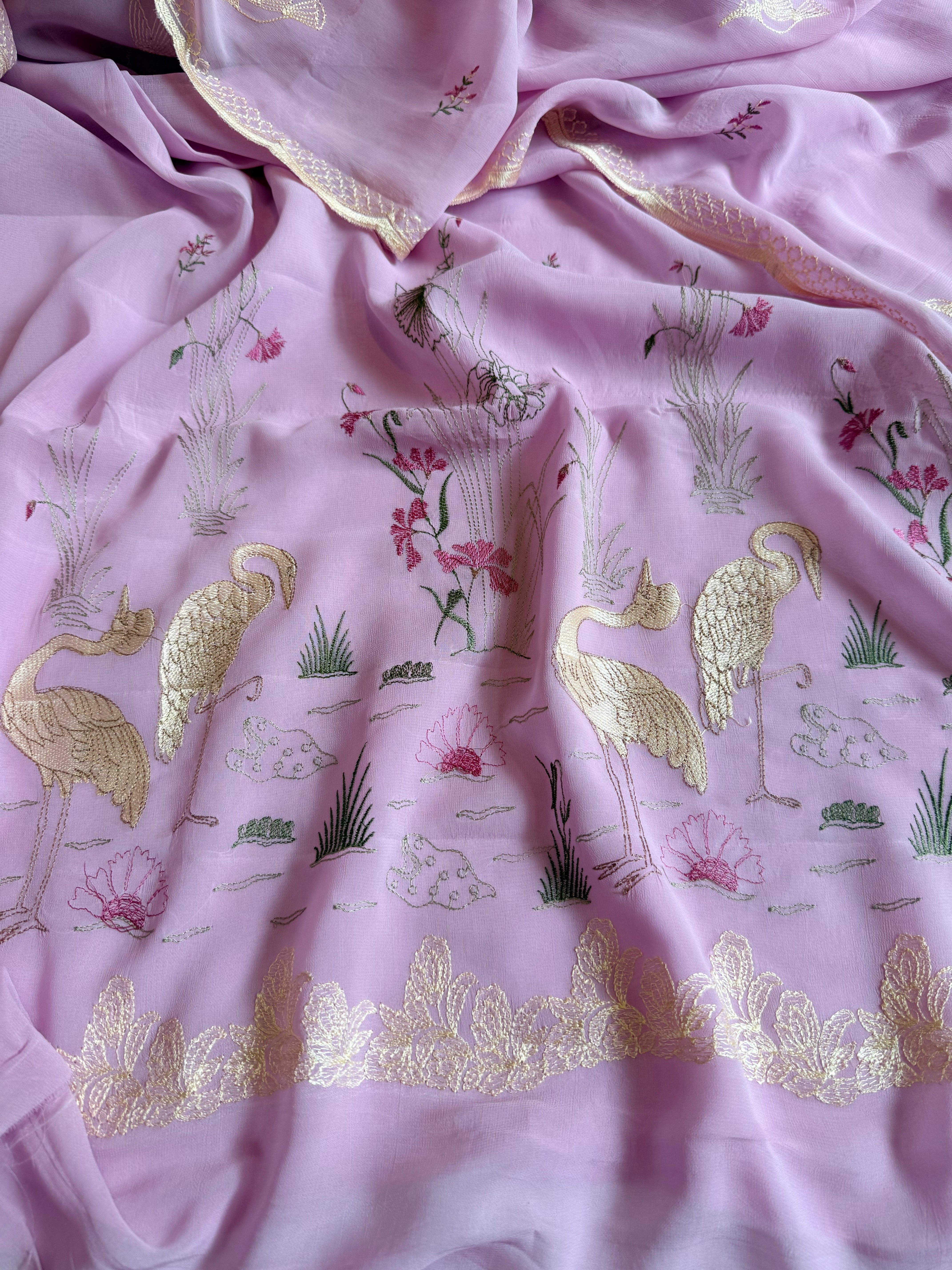 Chiffon gorgette blush lilac flamingo meenakari hand embroidered suit