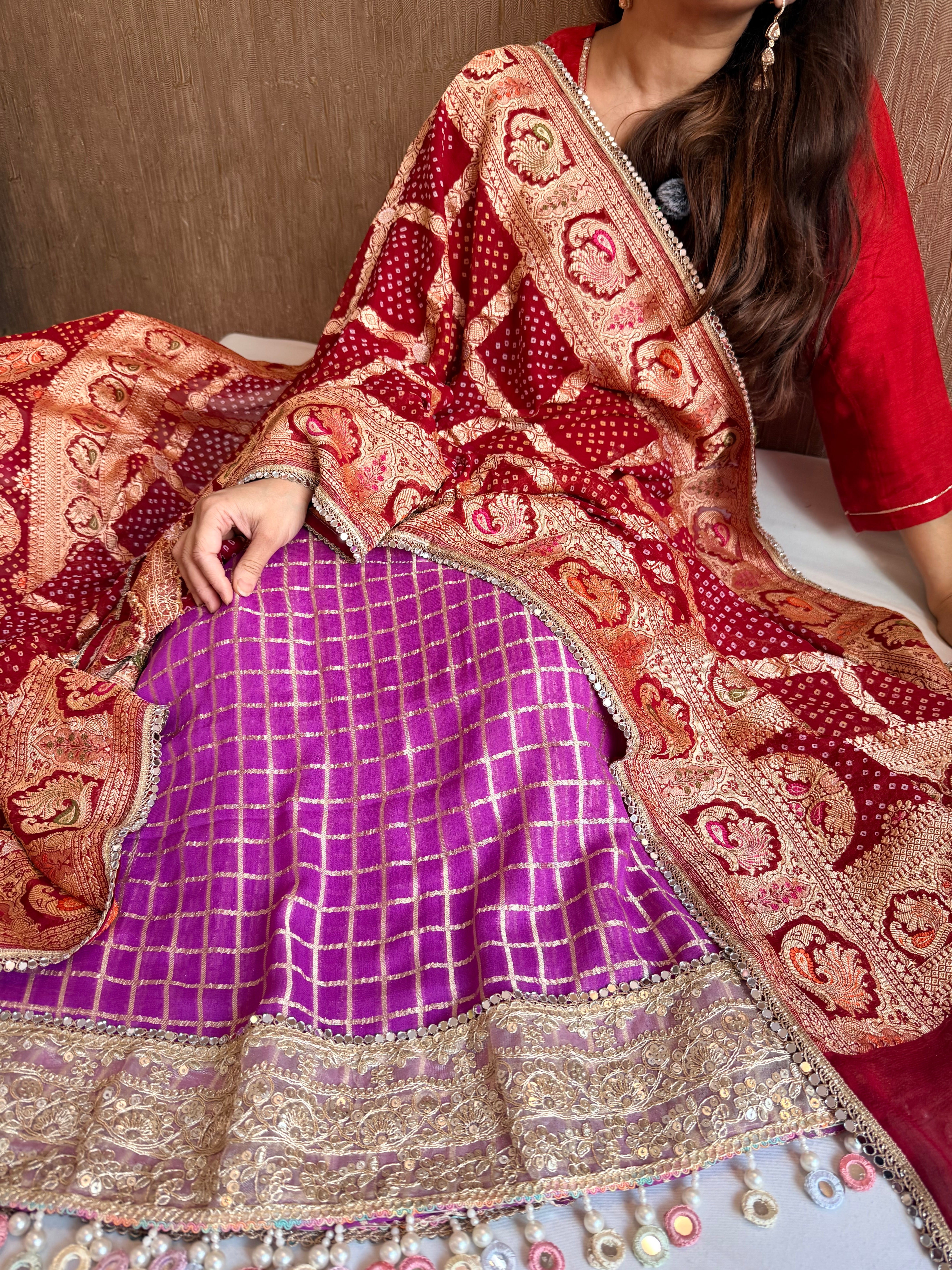 Banarasi chiffon gorgette bandhej gharchola weaving suit set