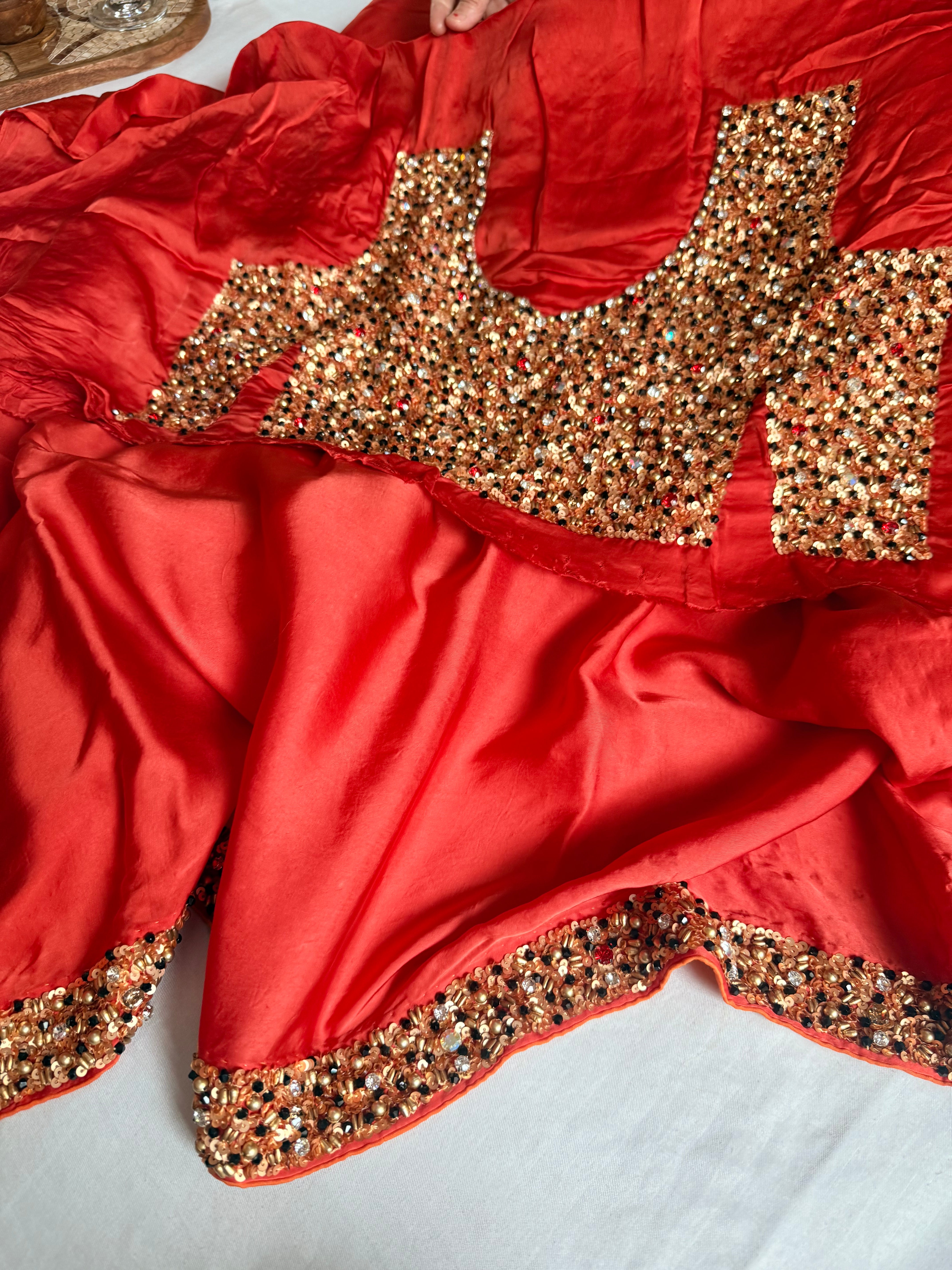 Mashru banarasi satin-sequin work hand embroidered cocktail edit saree