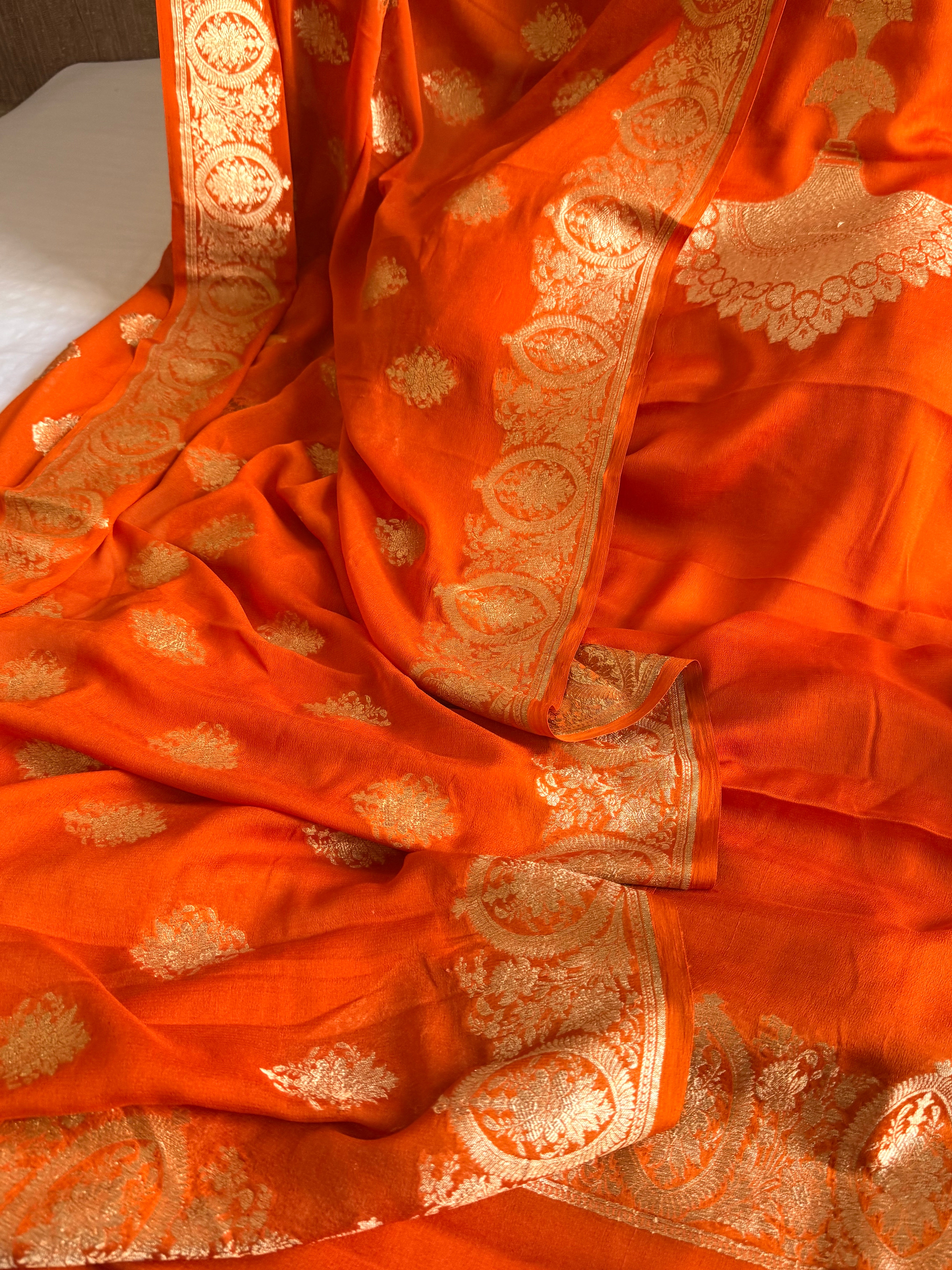 Neck & Pocket weaving - Chiffon gorgette fanta orange kadhwa weaving suit set