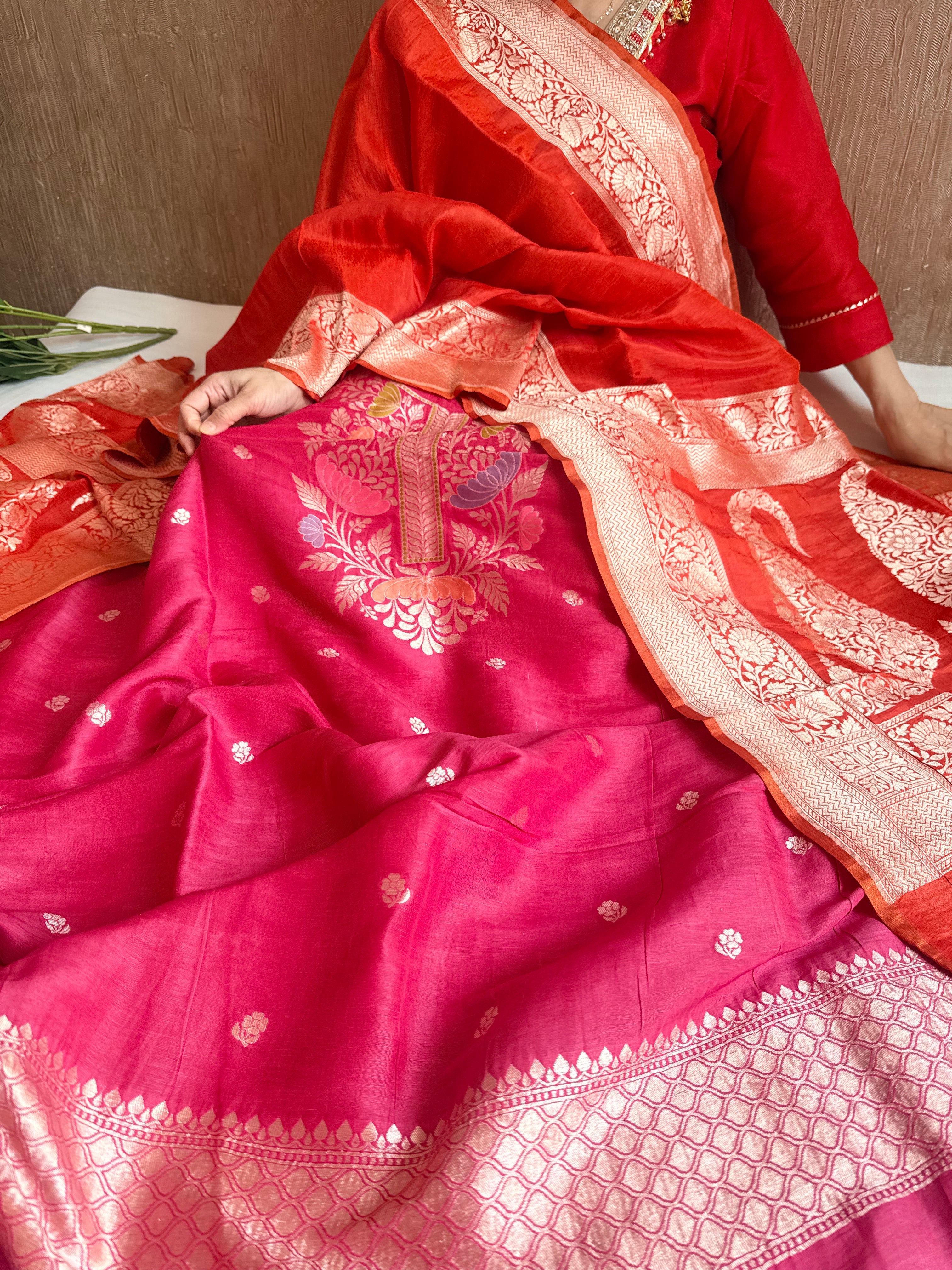Banarasi linen gorgette neckwork weaving meenakari suit set