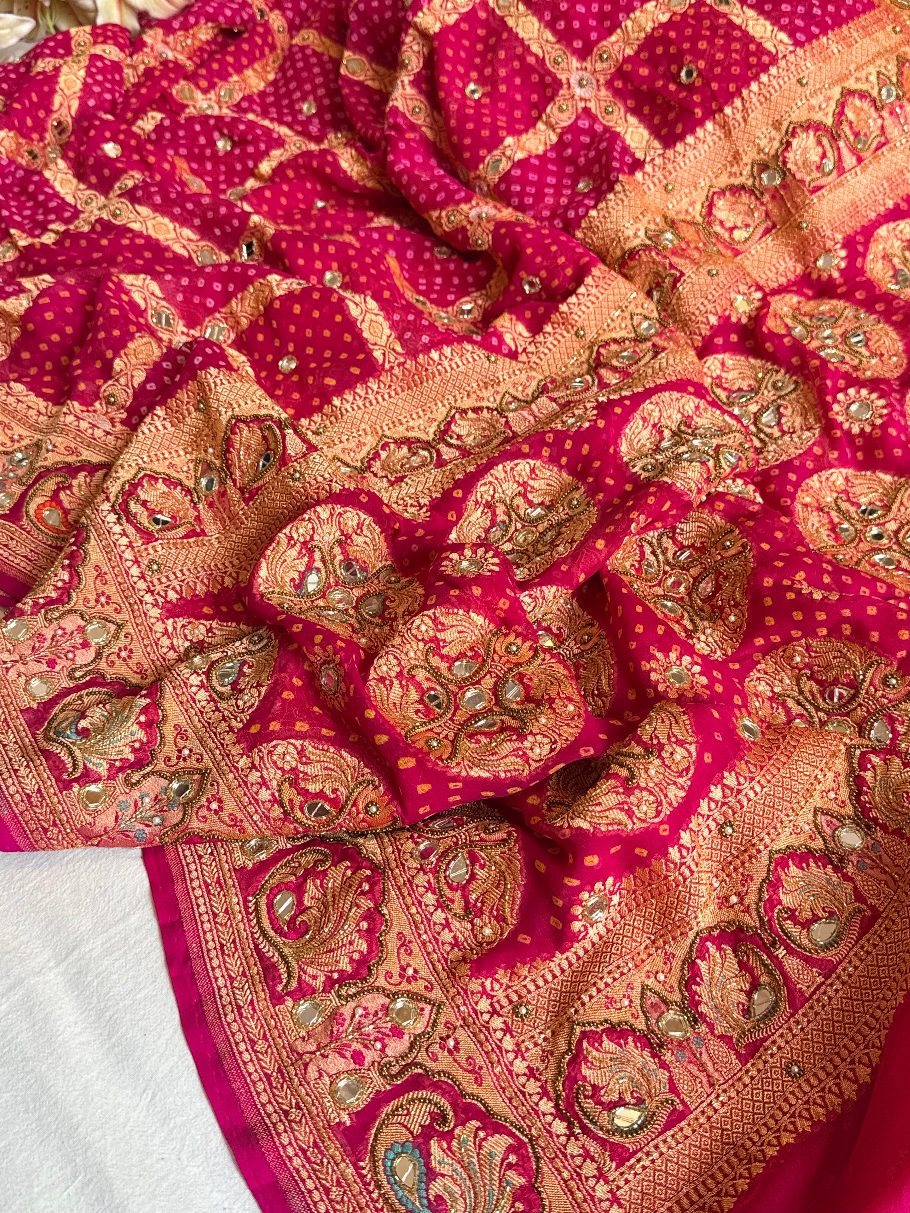 Banarasi chiffon gorgette rai bandhej kadhwa weaving hand embroidered saree