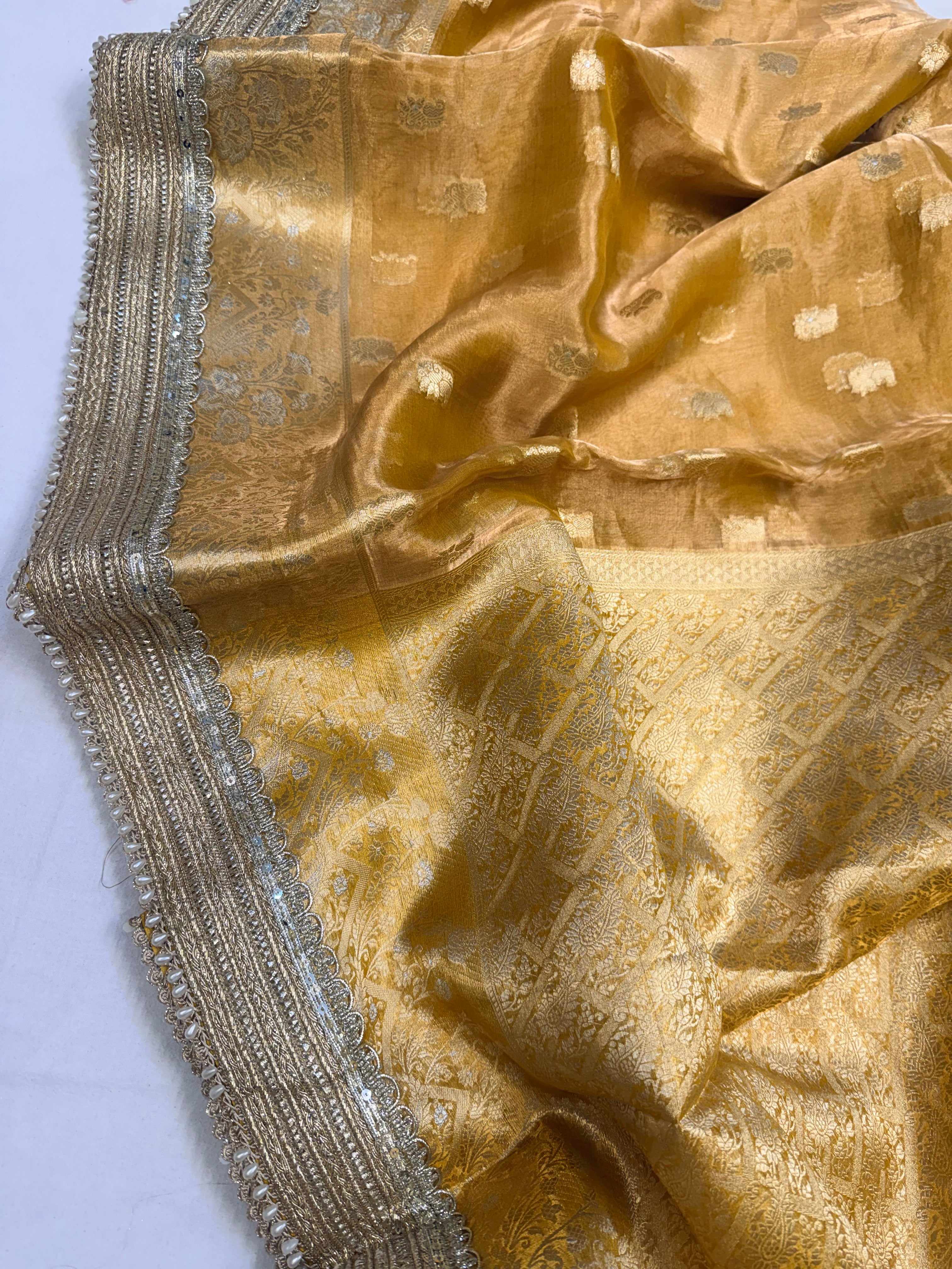 Haldi gold tissue silk kadhwa buti gotapatti saree