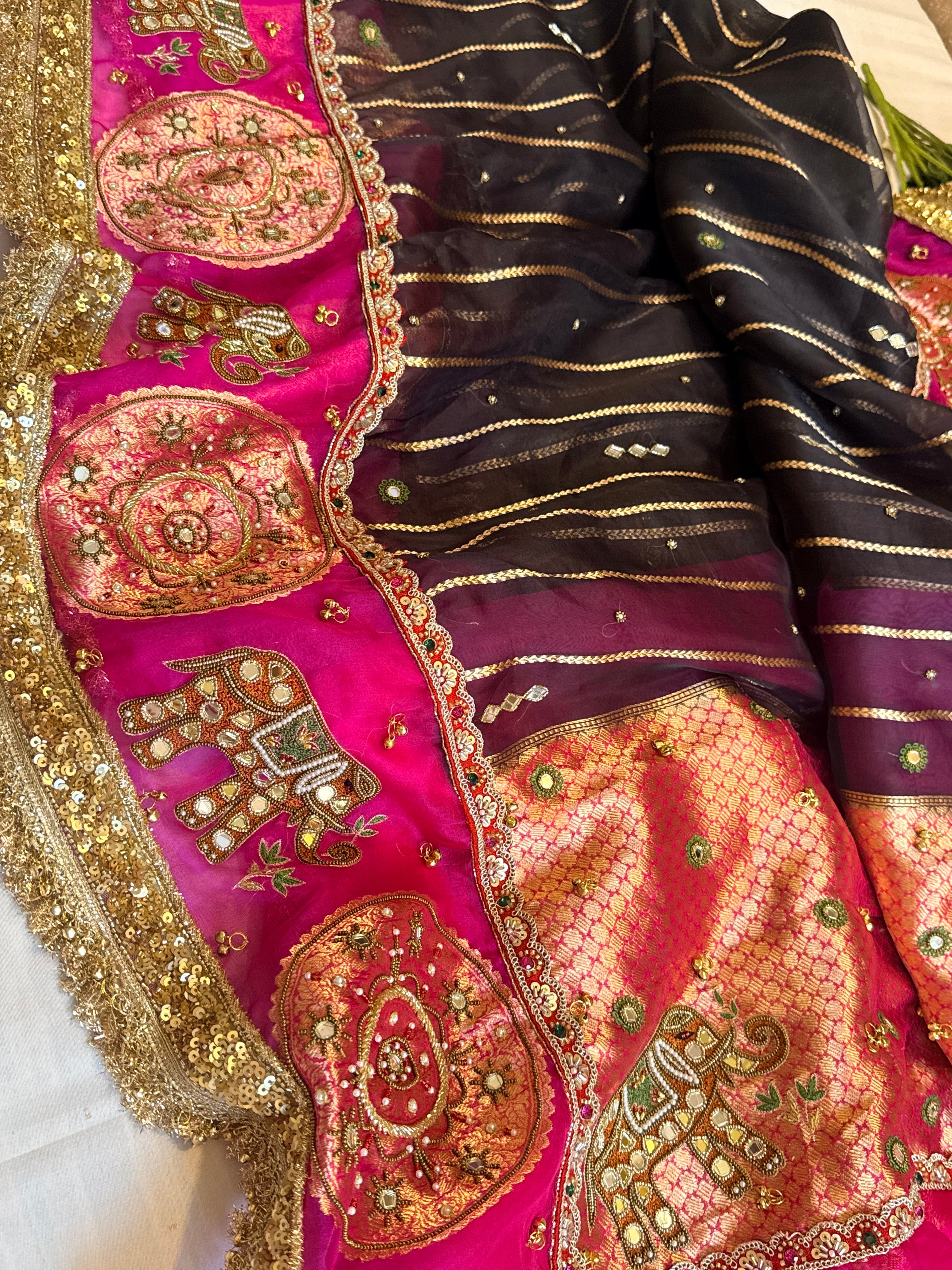Navratan edit - Gola buti and hathi work hand embroidered kora silk saree