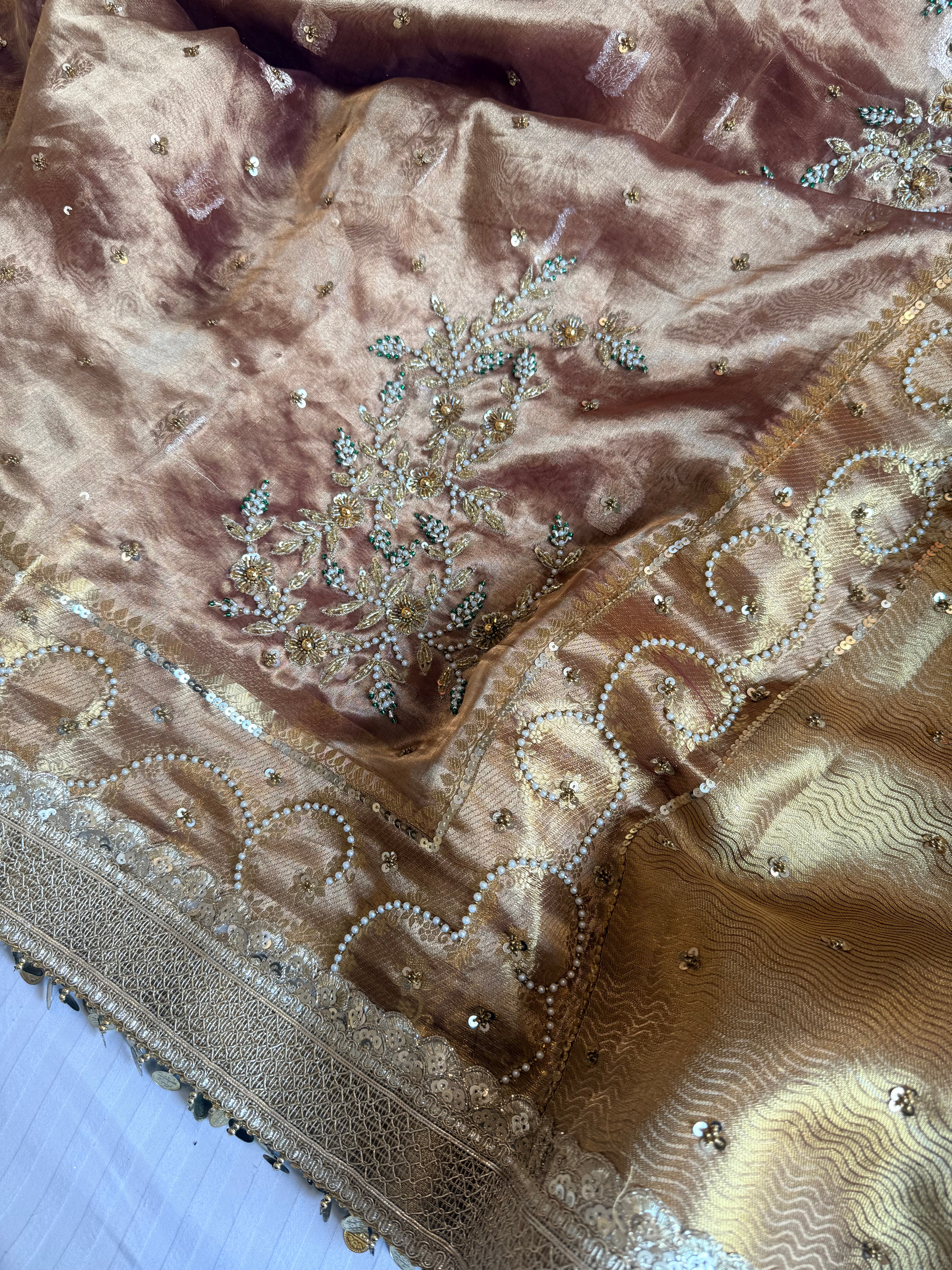 Salma-sitara molten brown tissue silk antique work hand embroidered saree