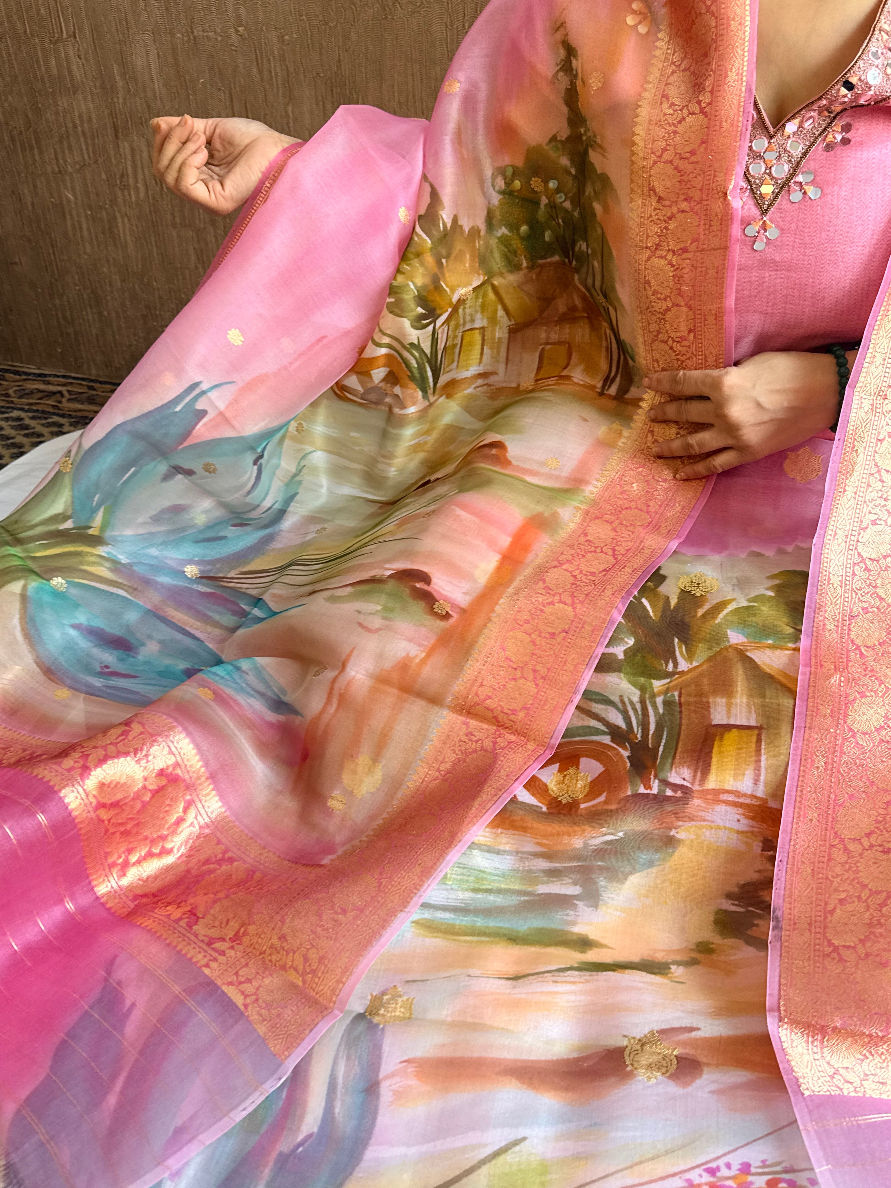 Banarasi kora silk handpainted ghatwork kadhwa buti rainbow dye suits
