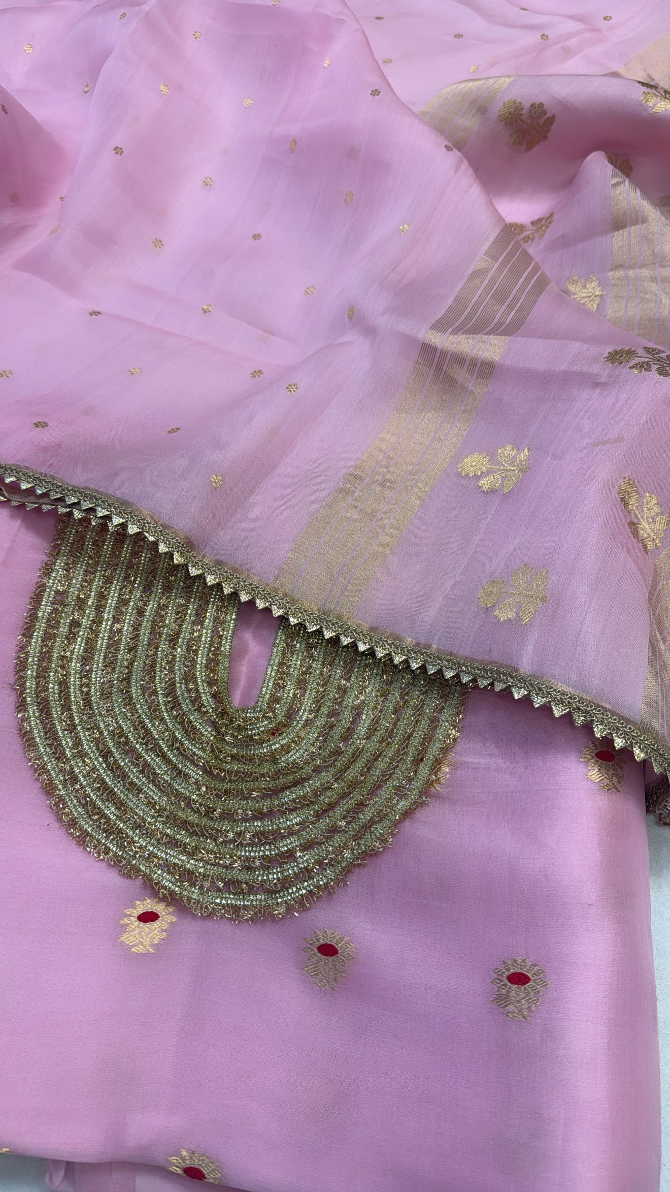 Blush pink kora silk gotapatti hand embroidered suit set