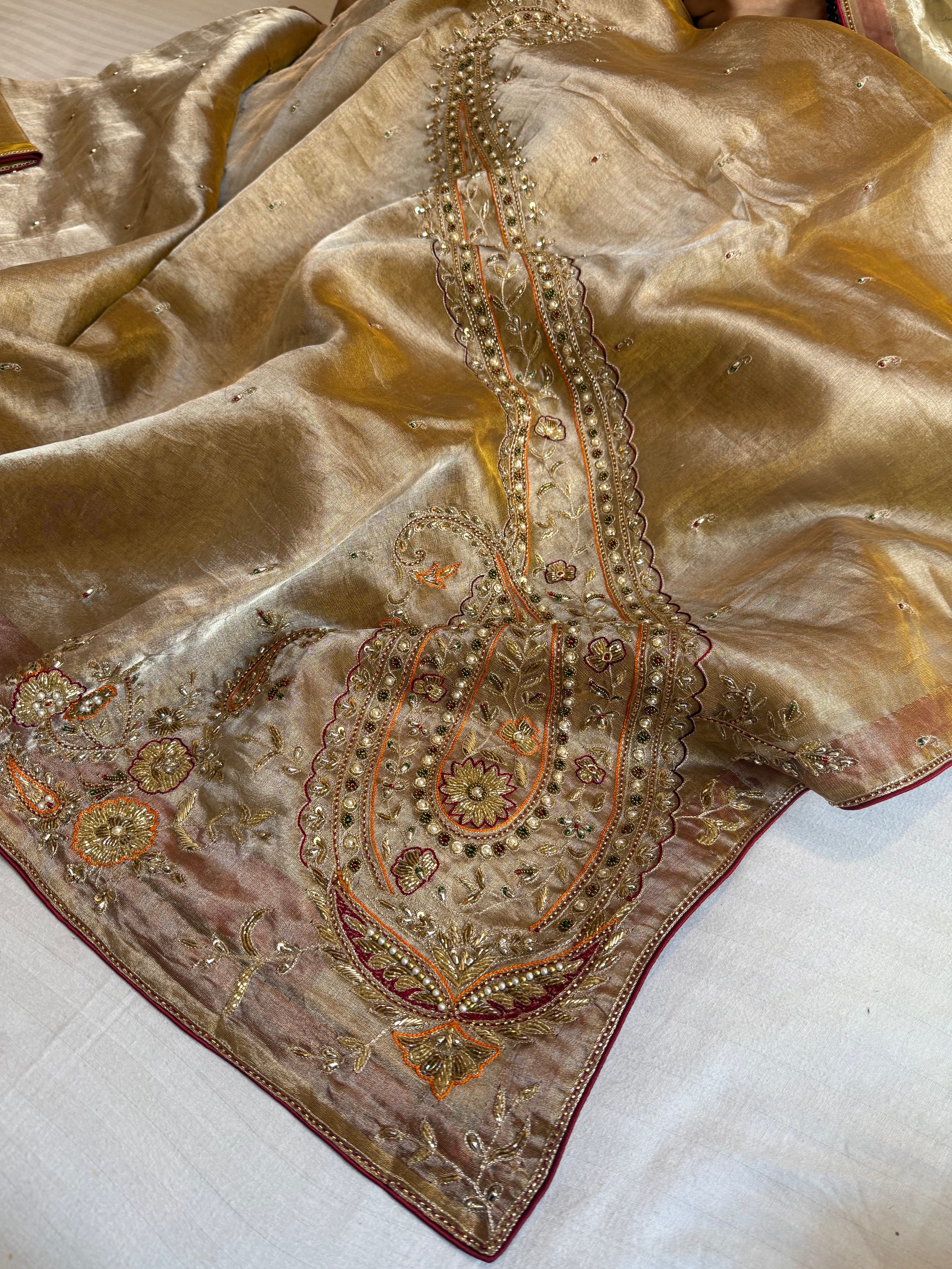 Pakeezah edit 2.0 - Molten gold zardozi hand embroidered tissue silk kadhwa saree