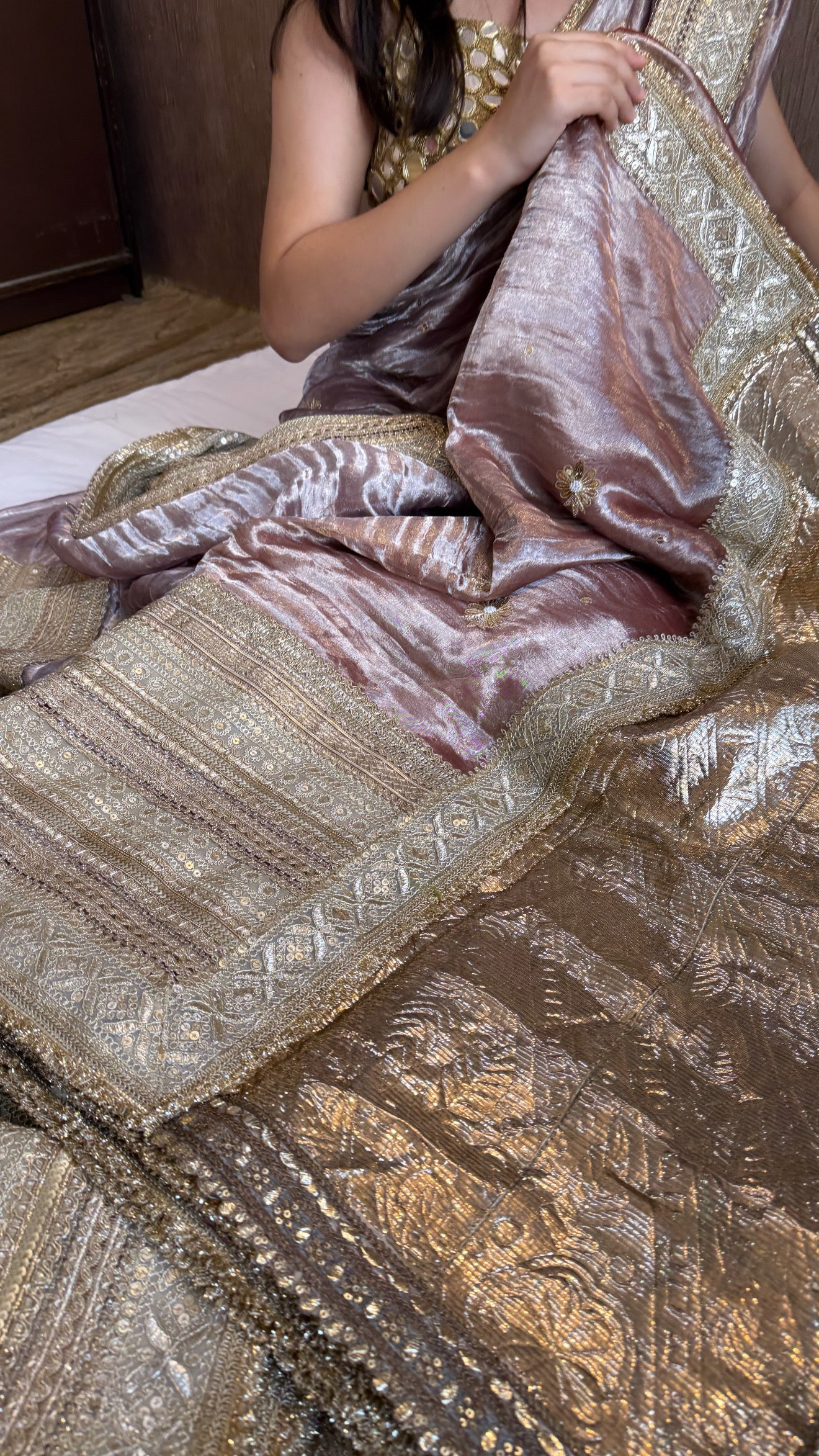 Lehenga style saree edit - Pastel plum diamond tissue silk tilli work hand embroidered gotapatti saree