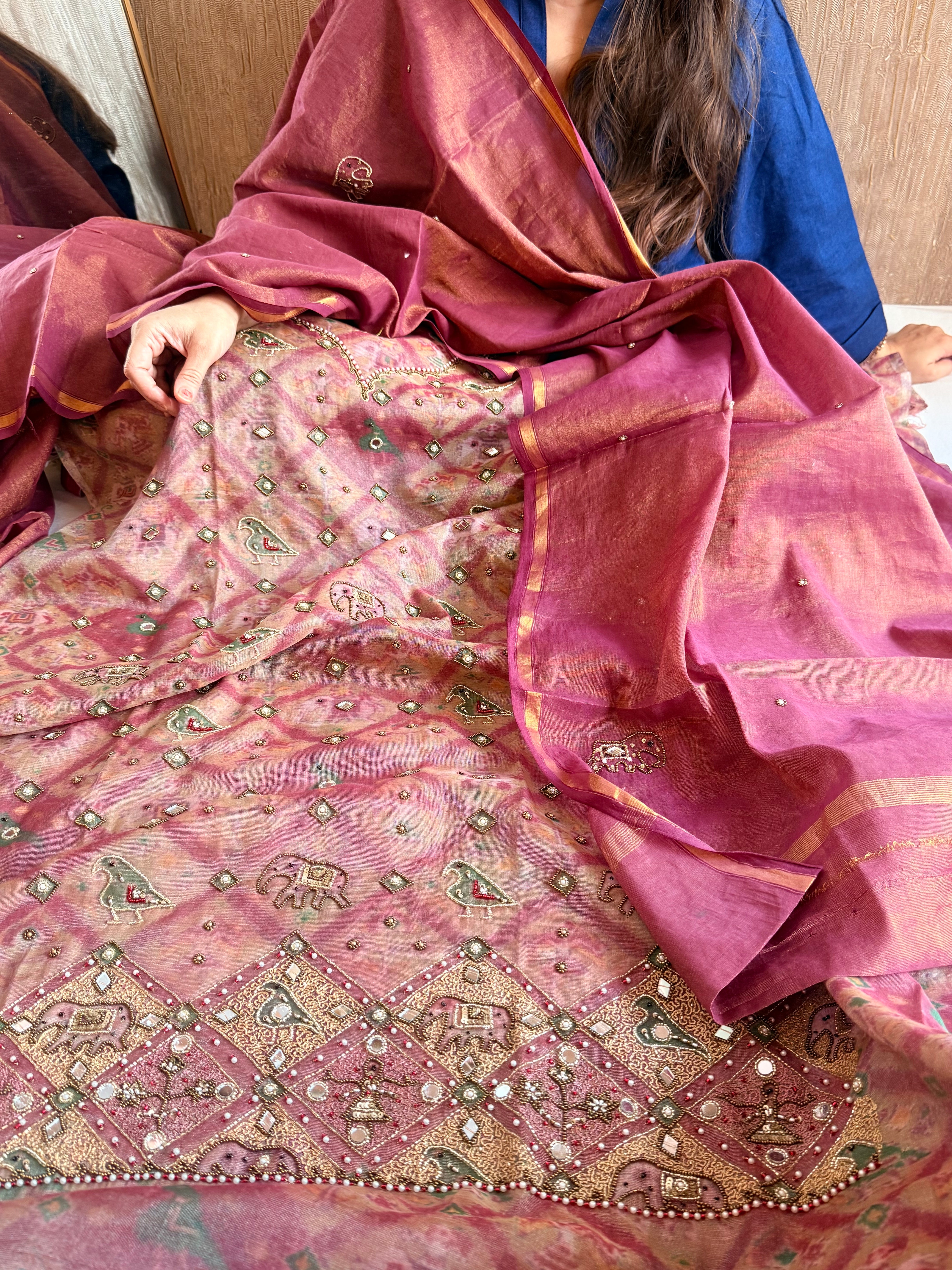 Patola weaving hand embroidered mul cotton tissue suit sets