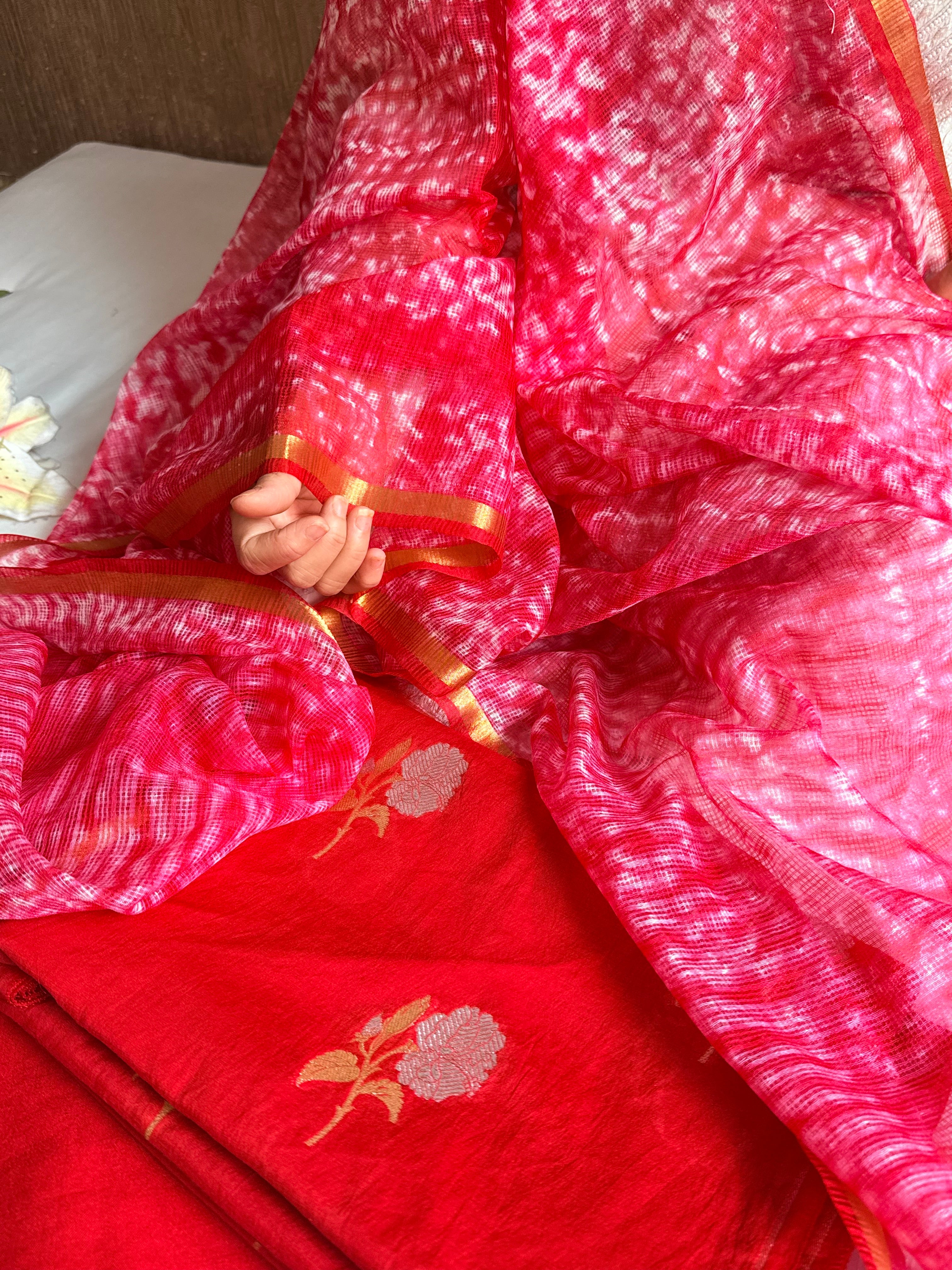 Below 8k- Mul cotton handloom kurta paired with shibori dyed kota silk duppata set