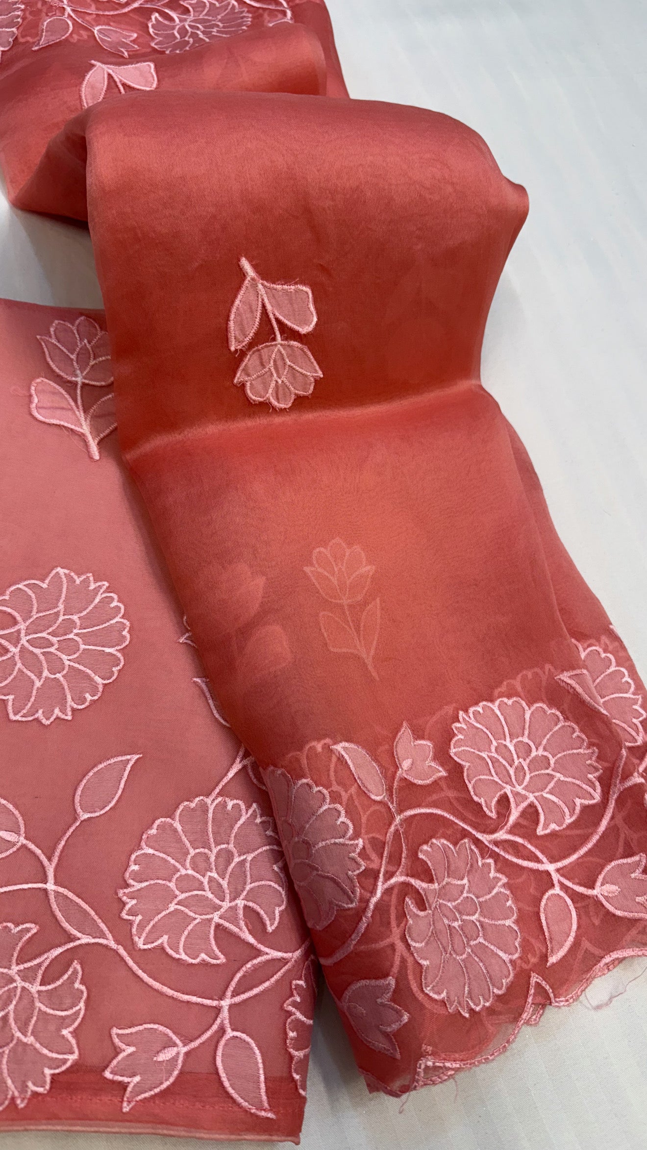 Kora silk appliqué work hand embroidered kadhwa suit set
