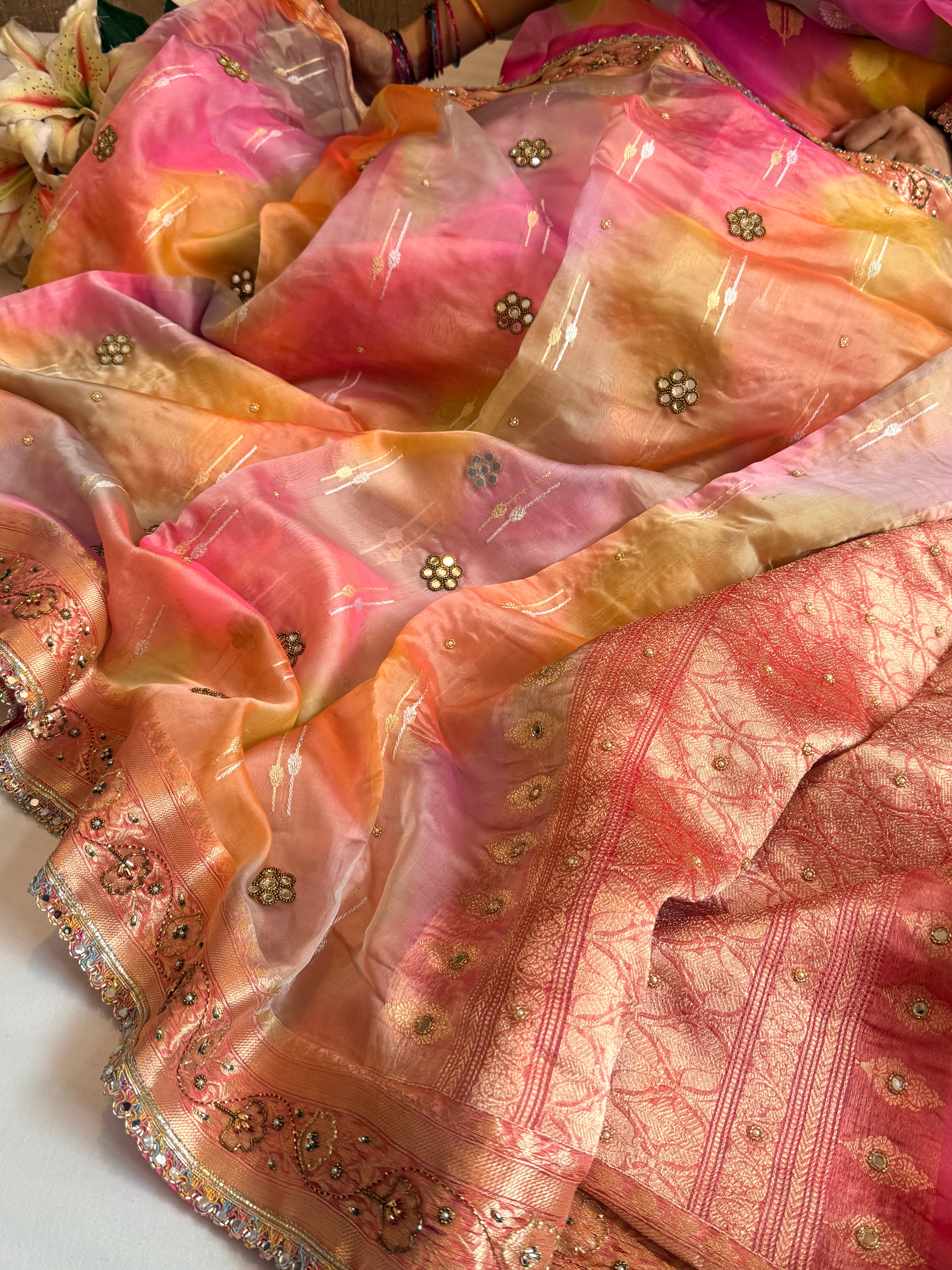 Gulab ka ras - Kora silk rangkaat weaving hand embroidered zubieda inspired saree