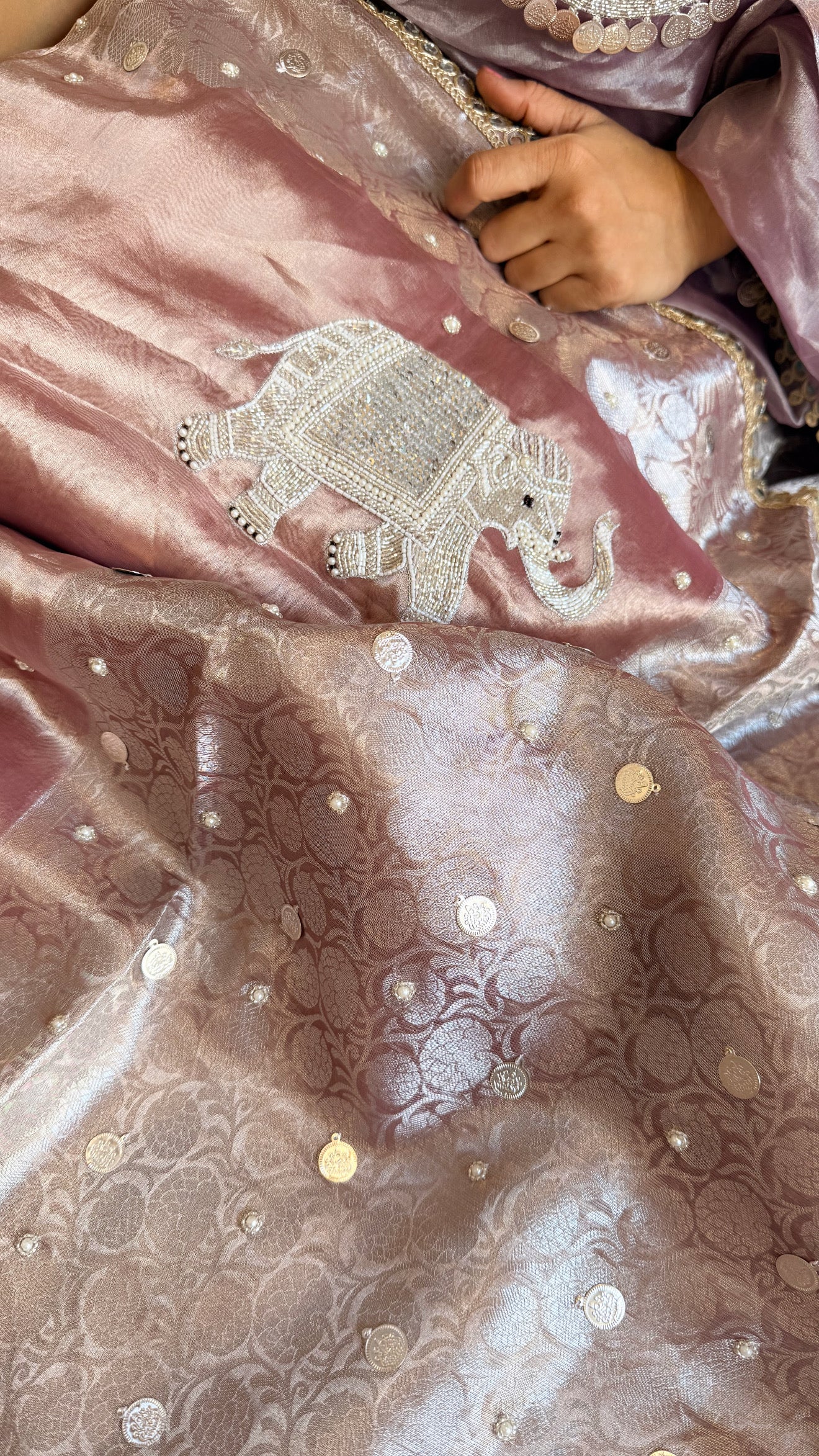 Gulabi jadau edit - Rose peach tissue silk jadau work hand embroidered saree