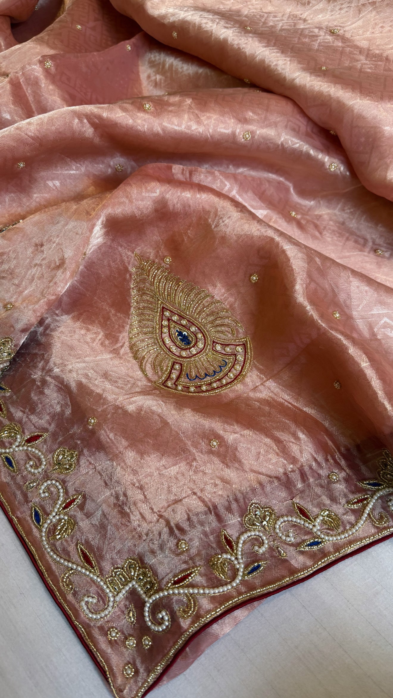 Pakeezah edit 2.0 - Gajri shade zardozi hand embroidered tissue silk kadhwa saree