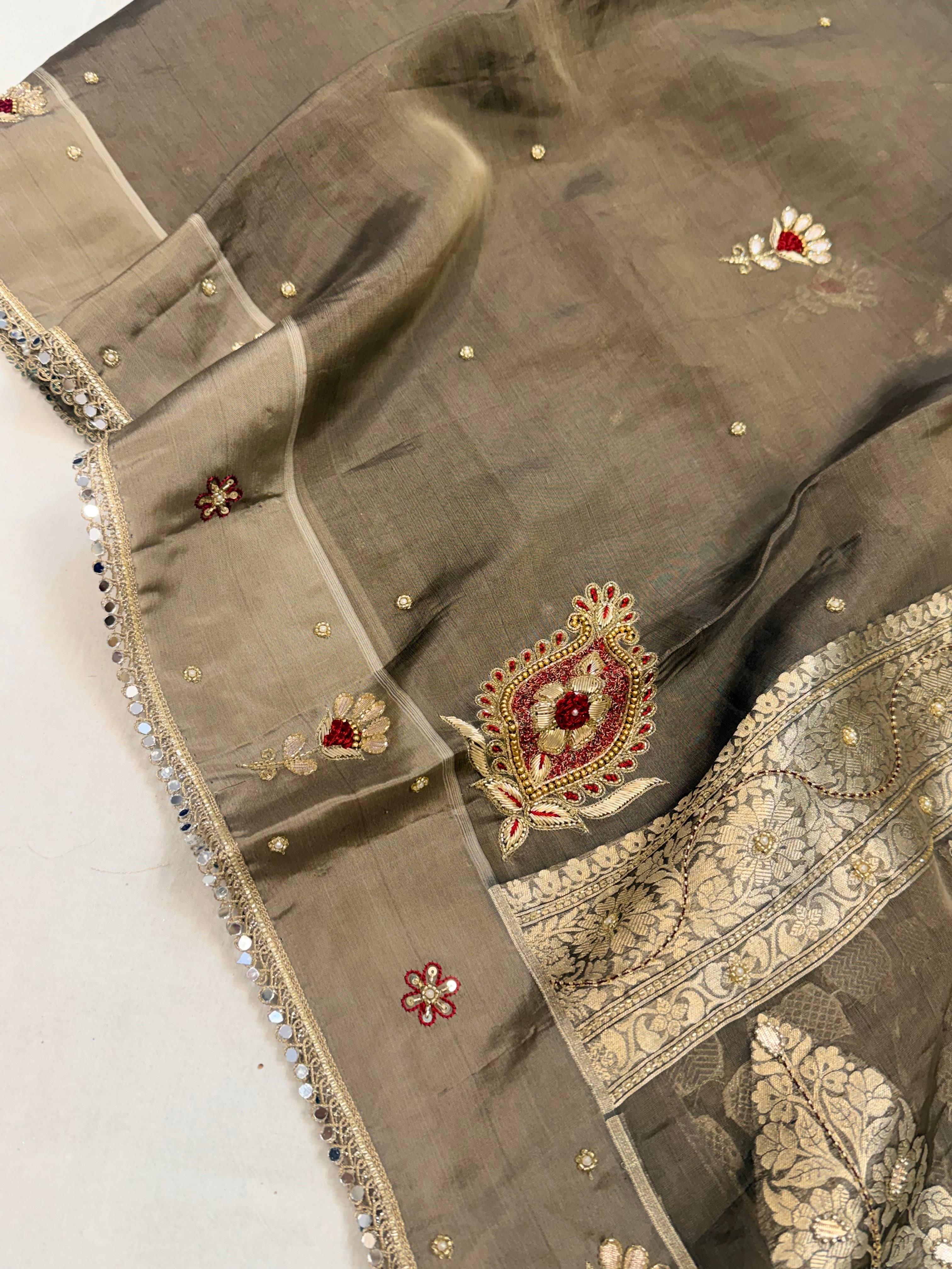 Metal grey tissue silk hand embroidered kadhwa saree