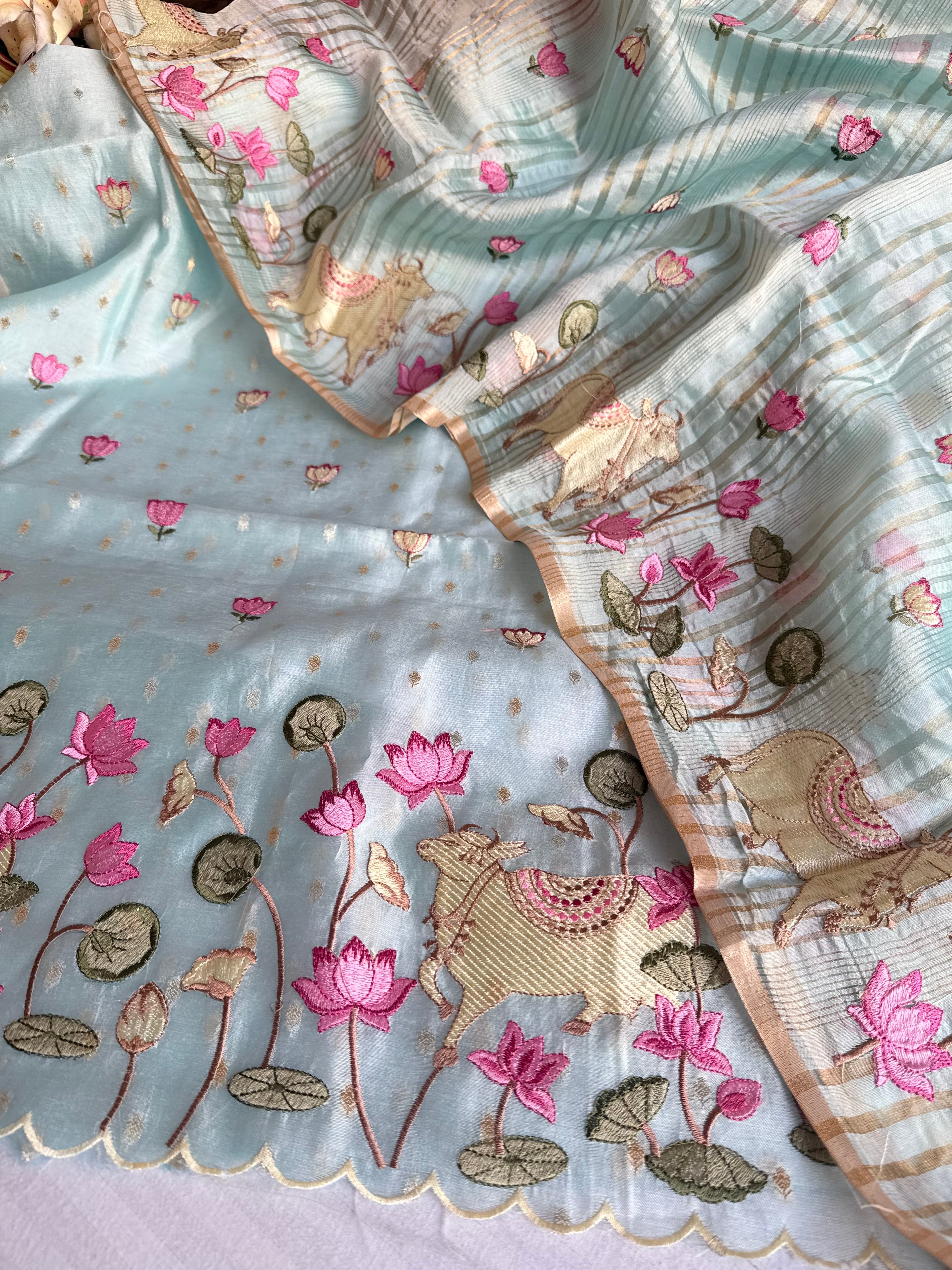 Suits under 10k - Spun chiniya silk parsi gara hand embroidered suit set
