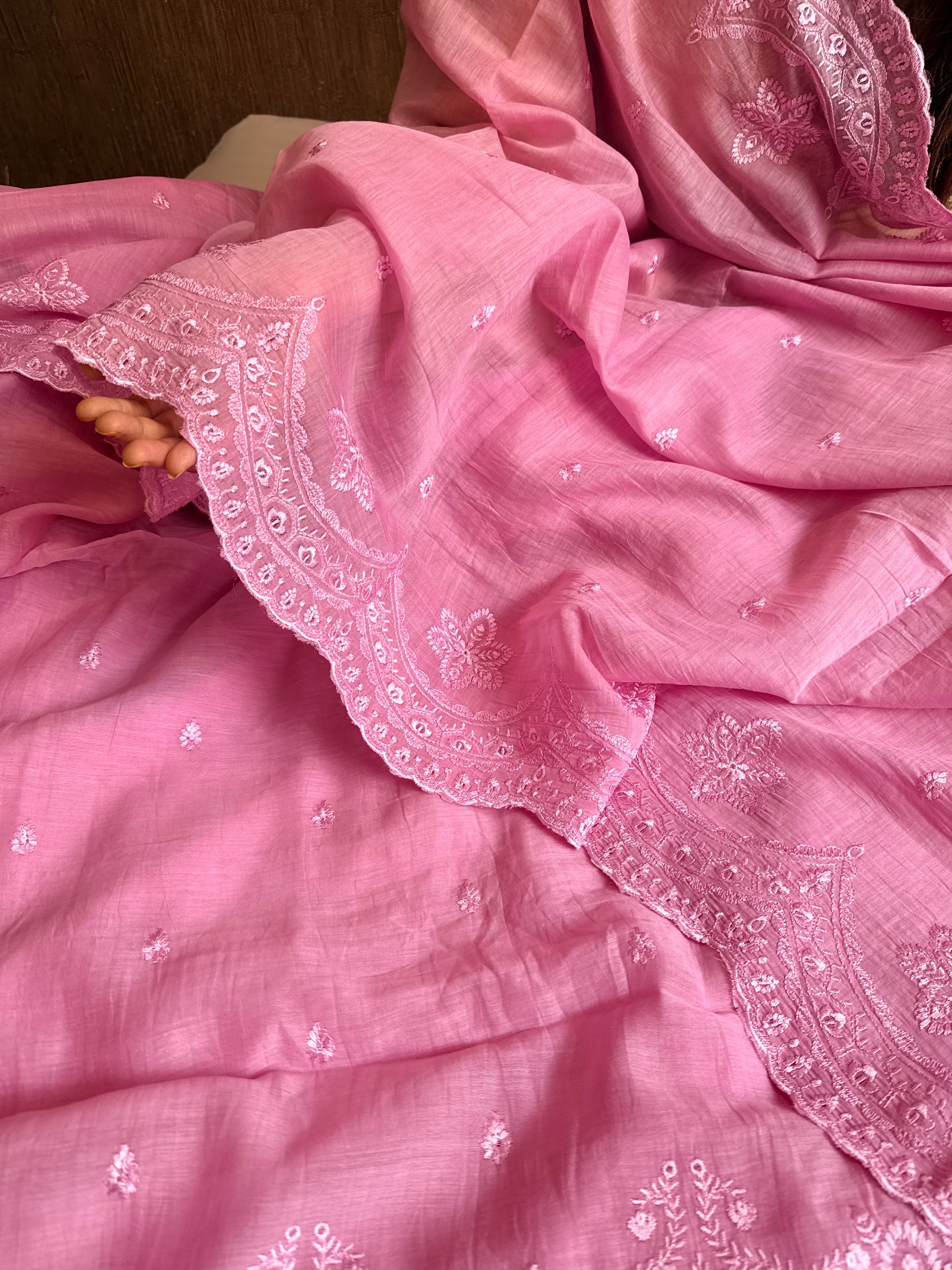 Candy pink mul cotton thread hand embroidered suit set