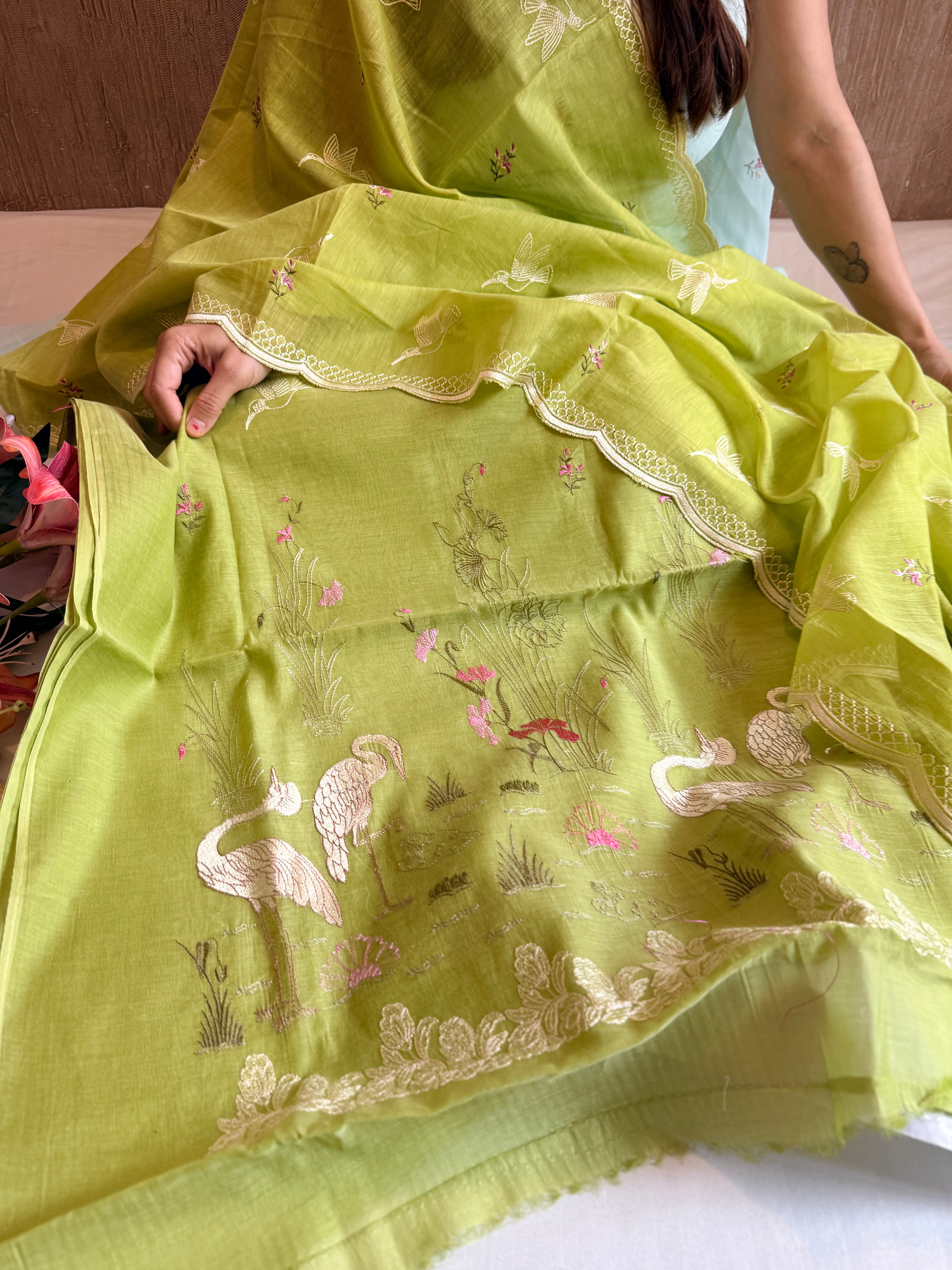 Grass green mul cotton flamingo resham hand embroidered suit set
