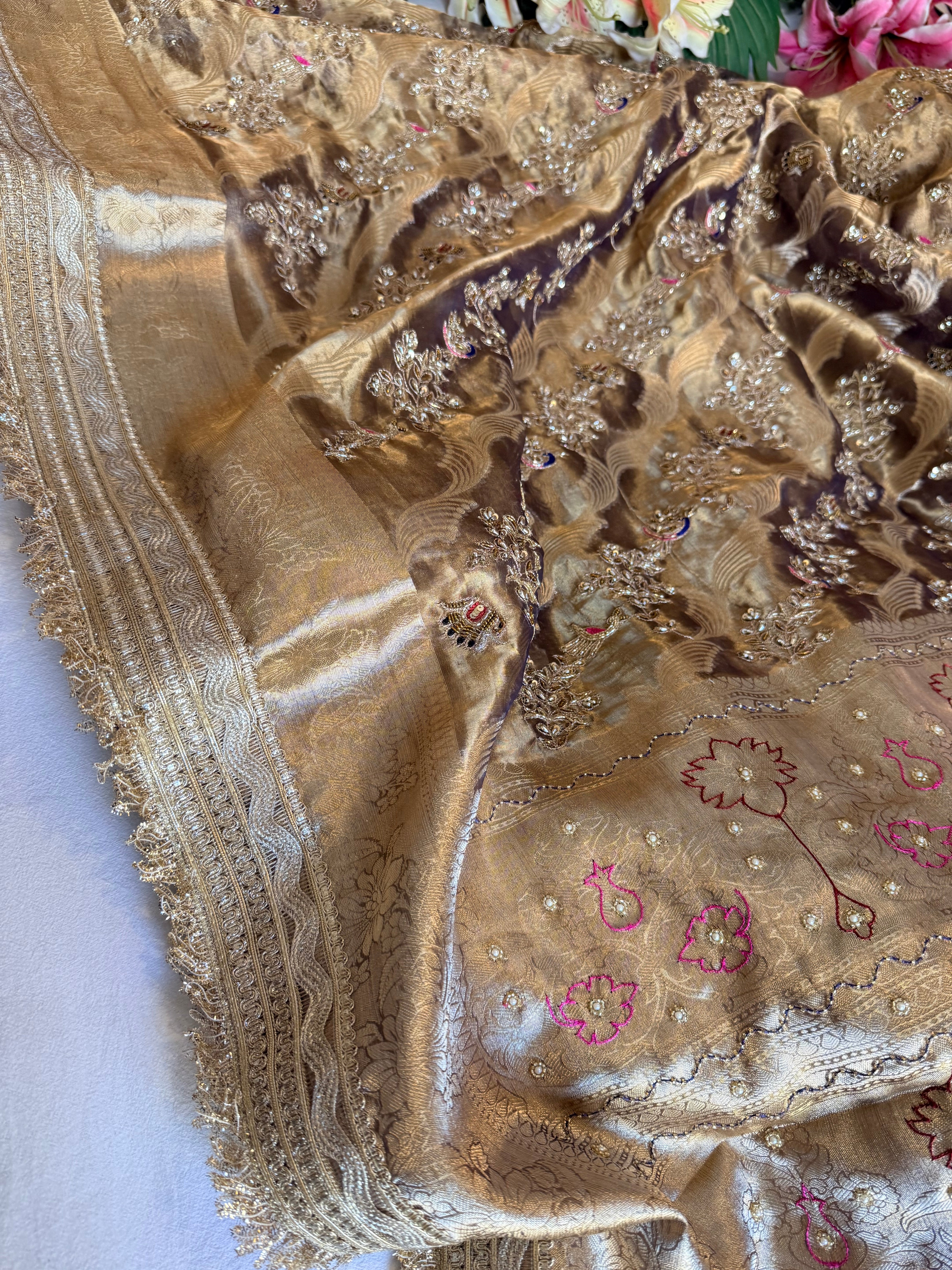Kanjivaram blue tissue silk shikargah motif hand embroidered saree
