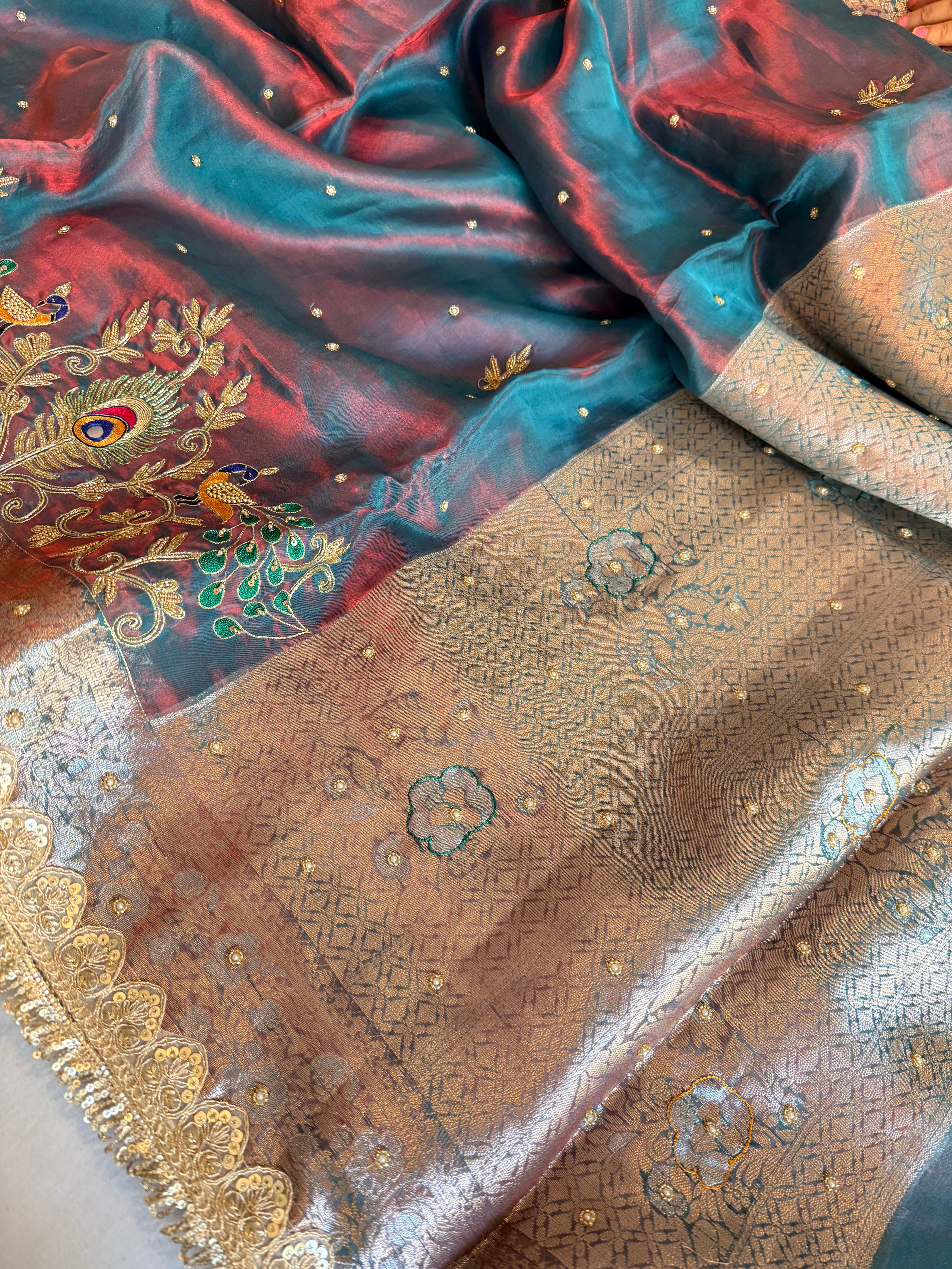 Morpankh motif husn dhup chao effect tissue silk hand embroidered kadhwa saree