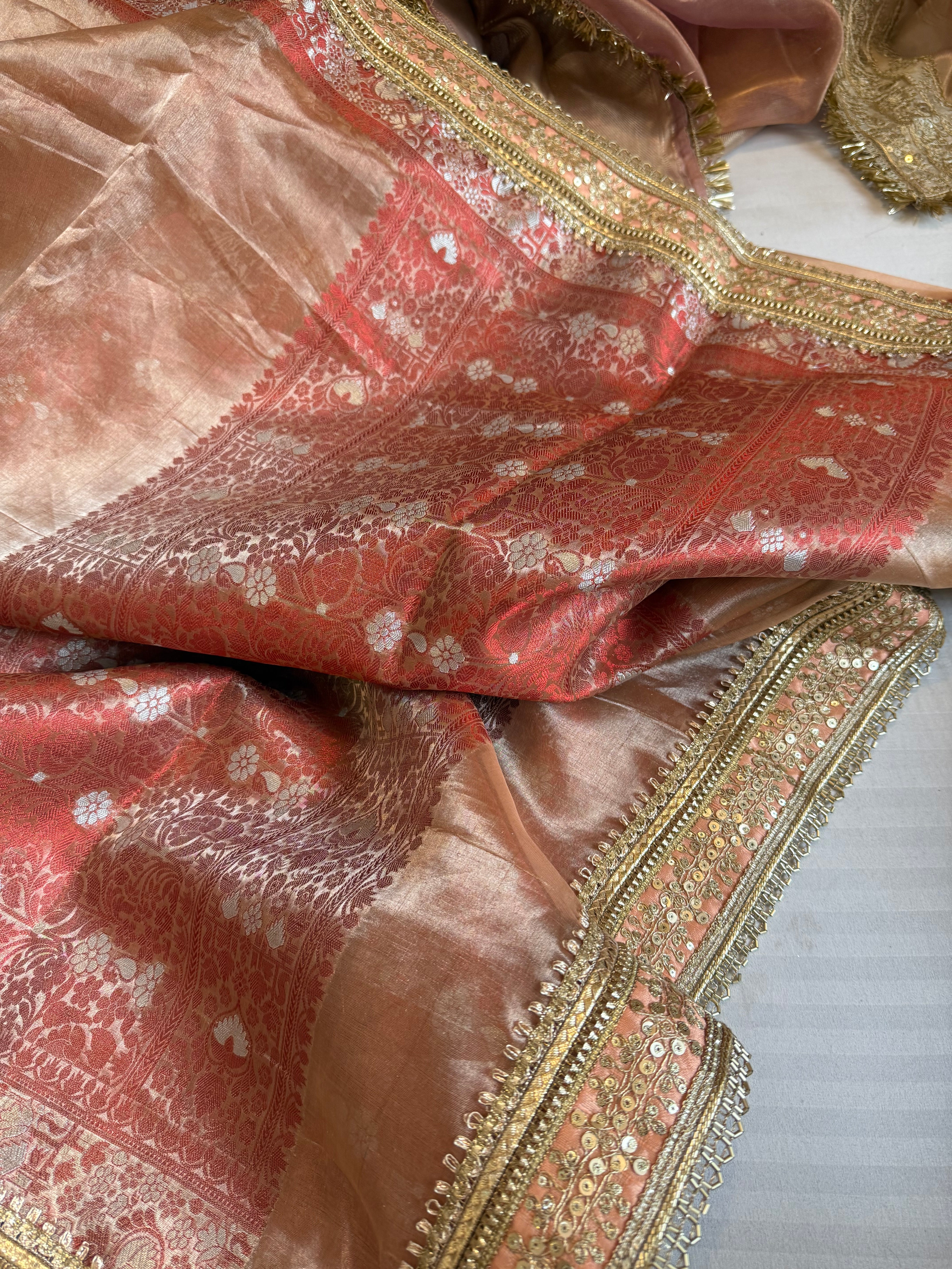 Maharani chuski orange tissue silk meenakari kadhwa saree