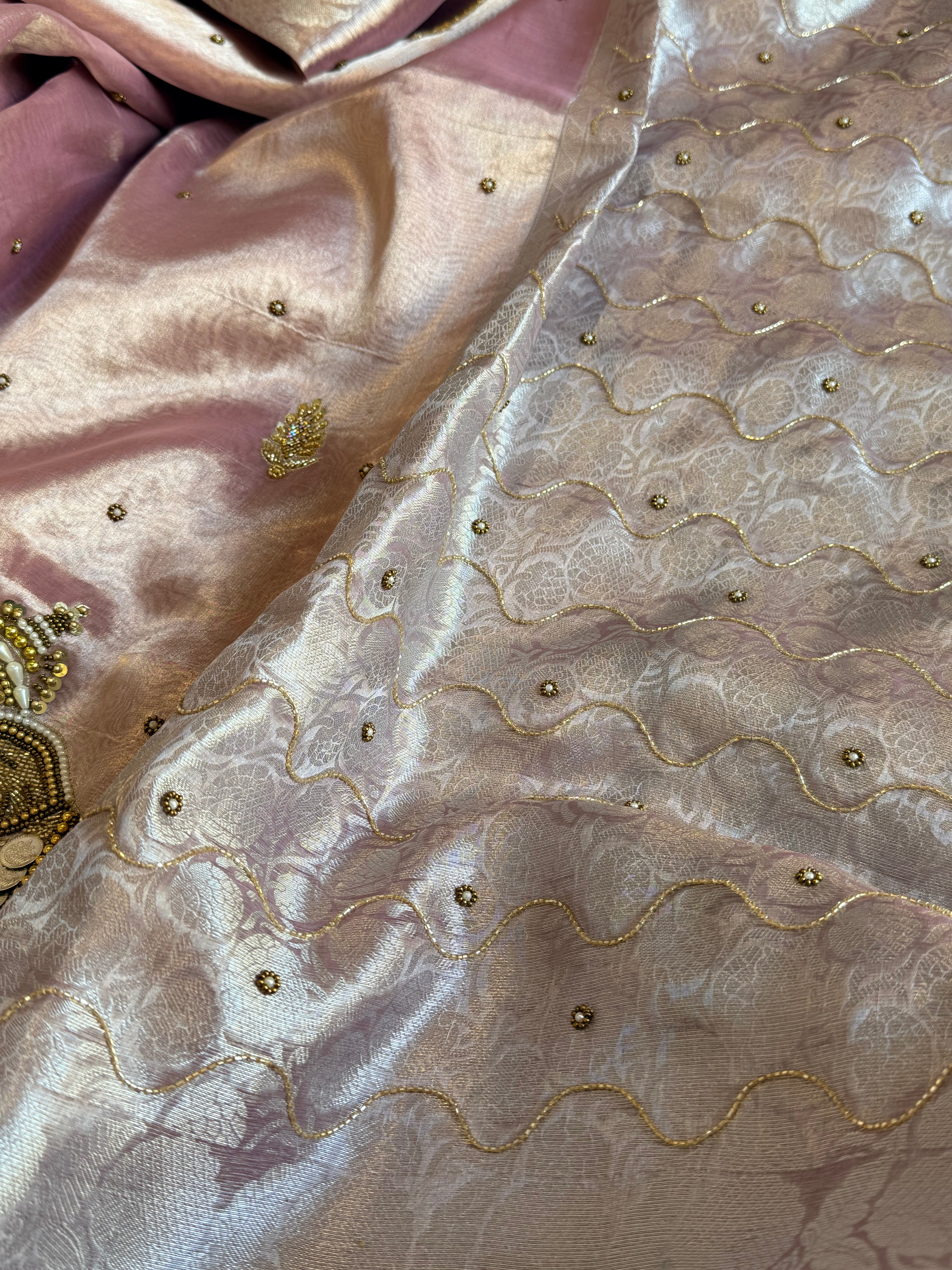 Gulabi jadau saree - Rosy pink tissue silk jadau work hand embroidered saree