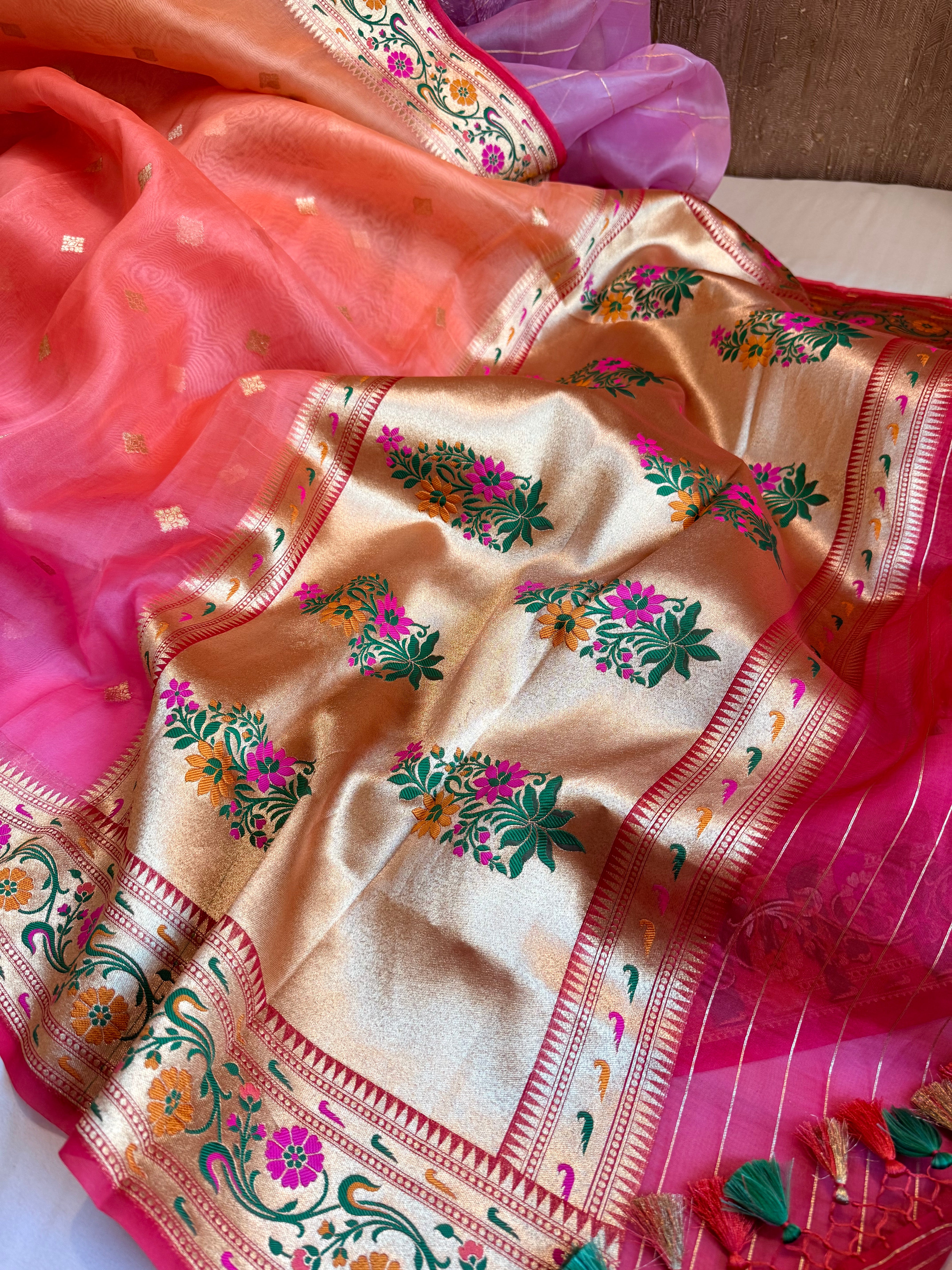 Rainbow dyed ombre shaded kora silk paithani border meenakari saree