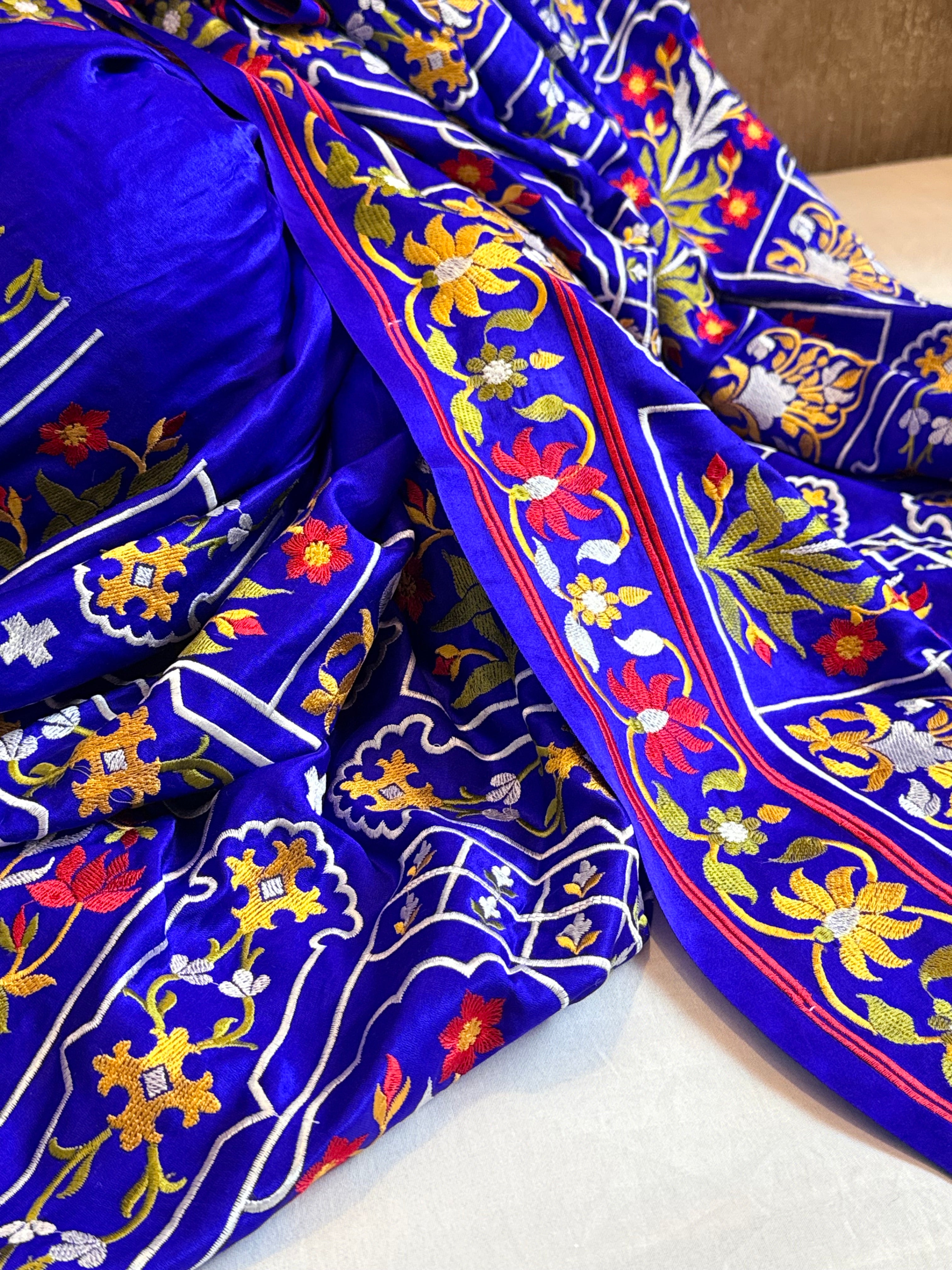 Jamdani hand embroidered ink blue mashru silk thread embroidered saree