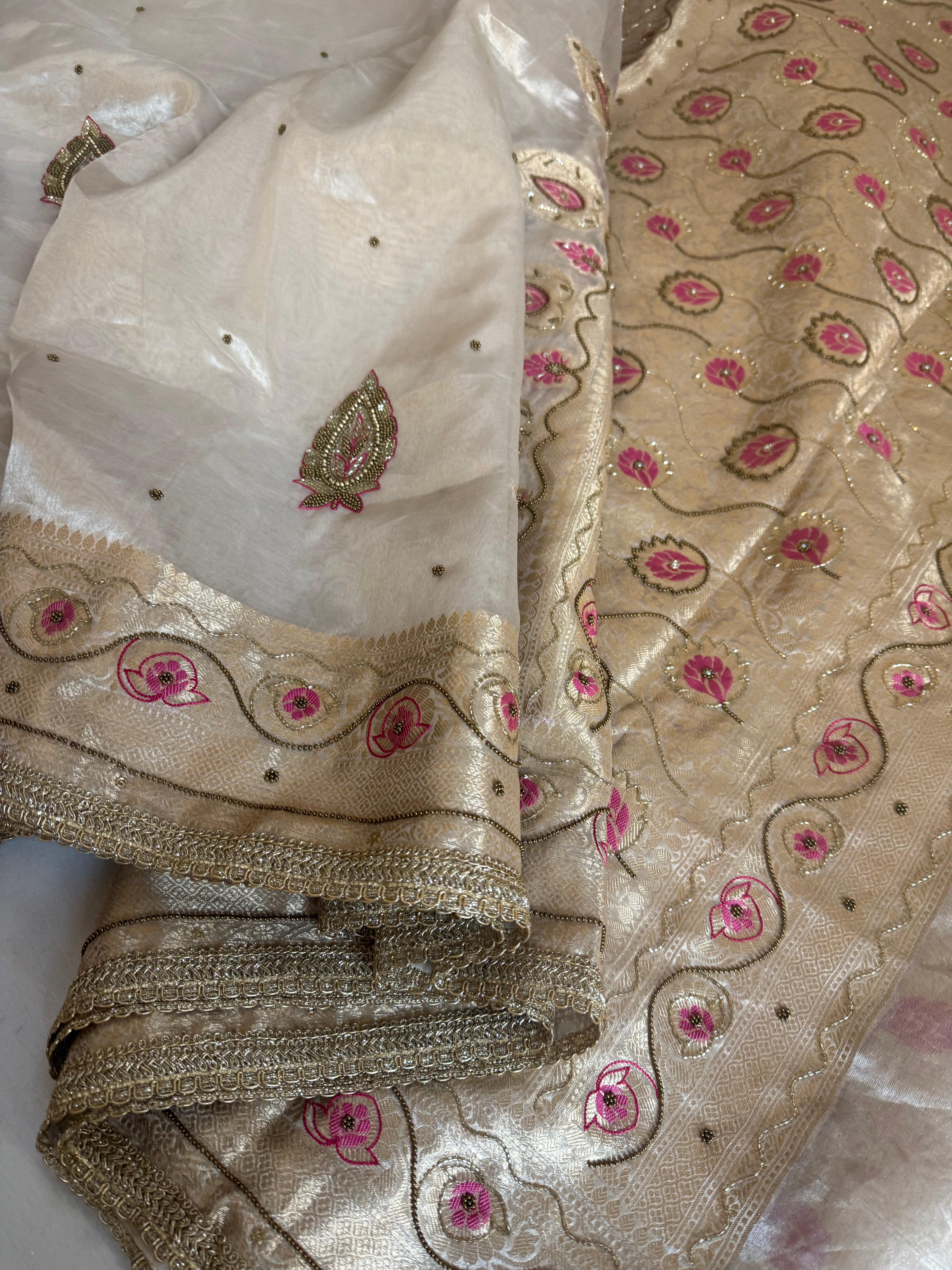 Moonlight silver diamond tissue silk kadhwa meenakari hand embroidered saree