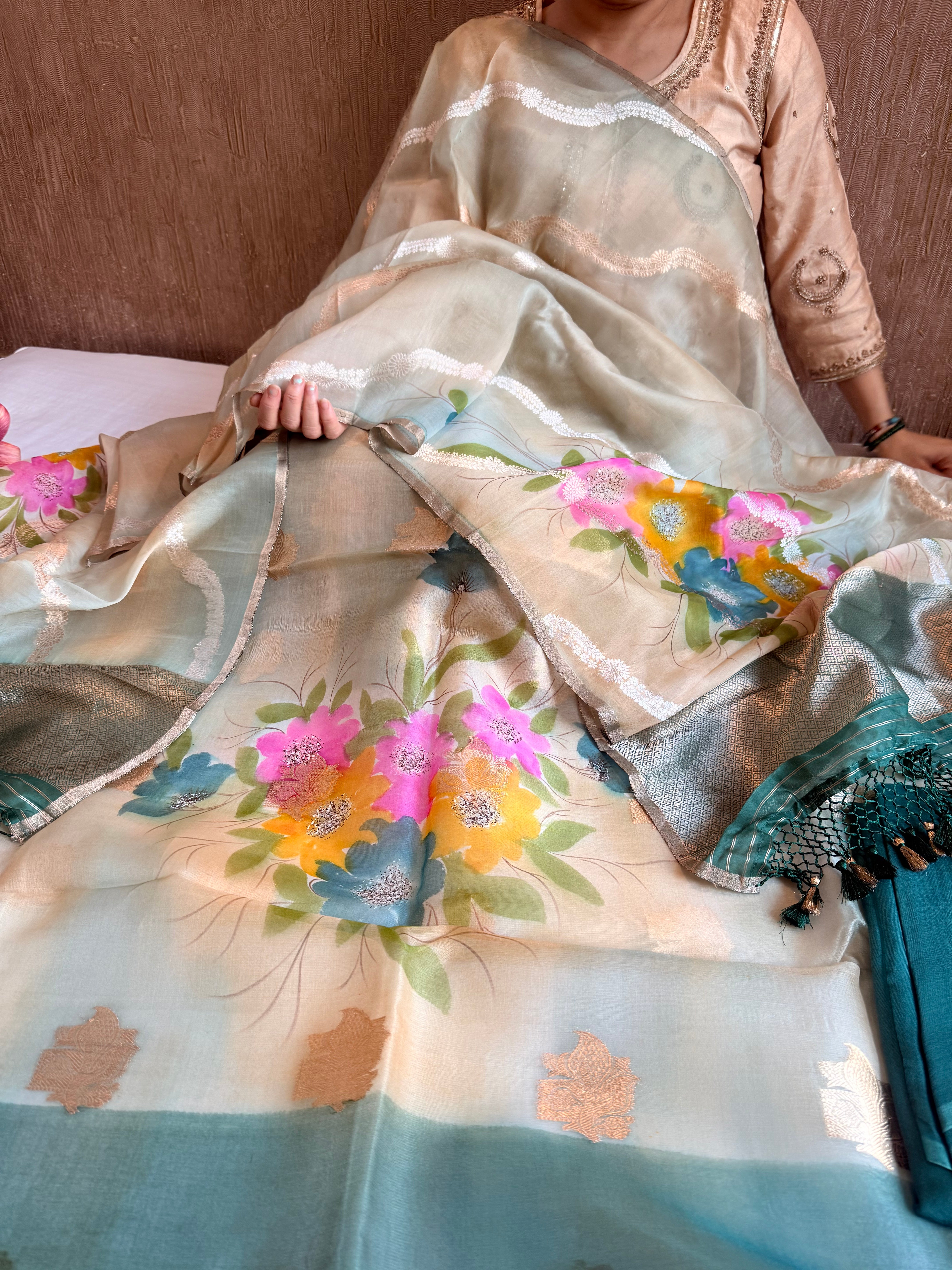 Rainbow dyed kora silk handpainted brush dyed banarasi suit sets