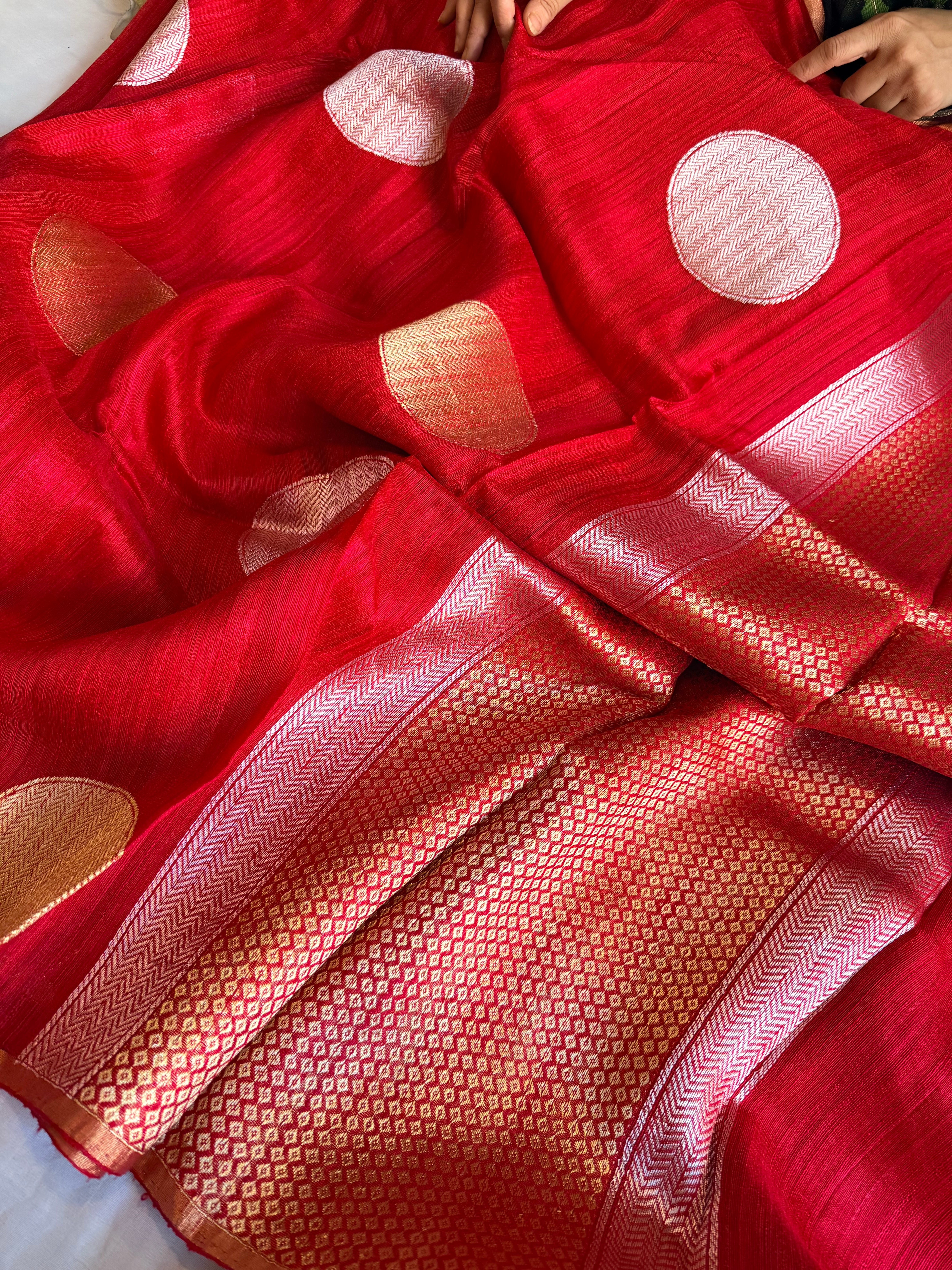 Blood red tussar gorgette kadhwa weaving saree