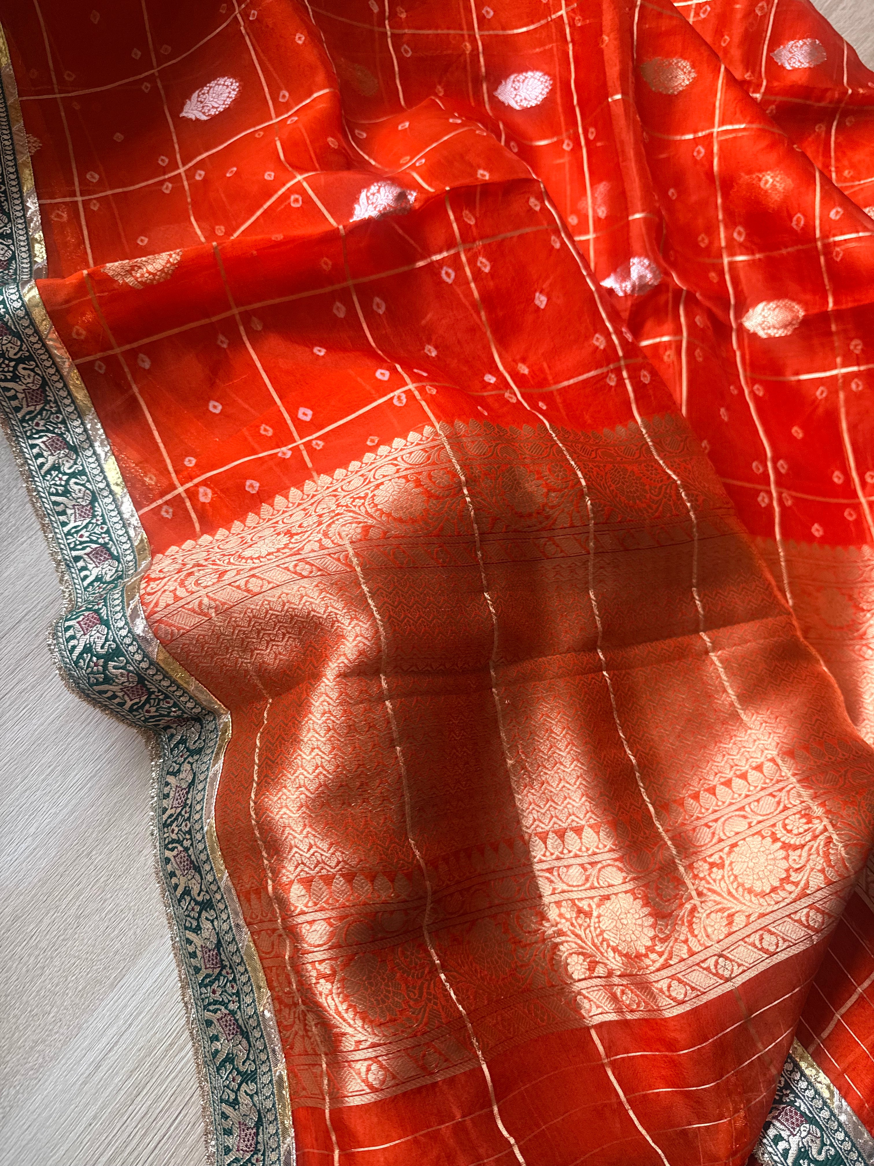 Kora bandhej edit - Fanta orange kora silk kadhwa buti hand embroidered saree