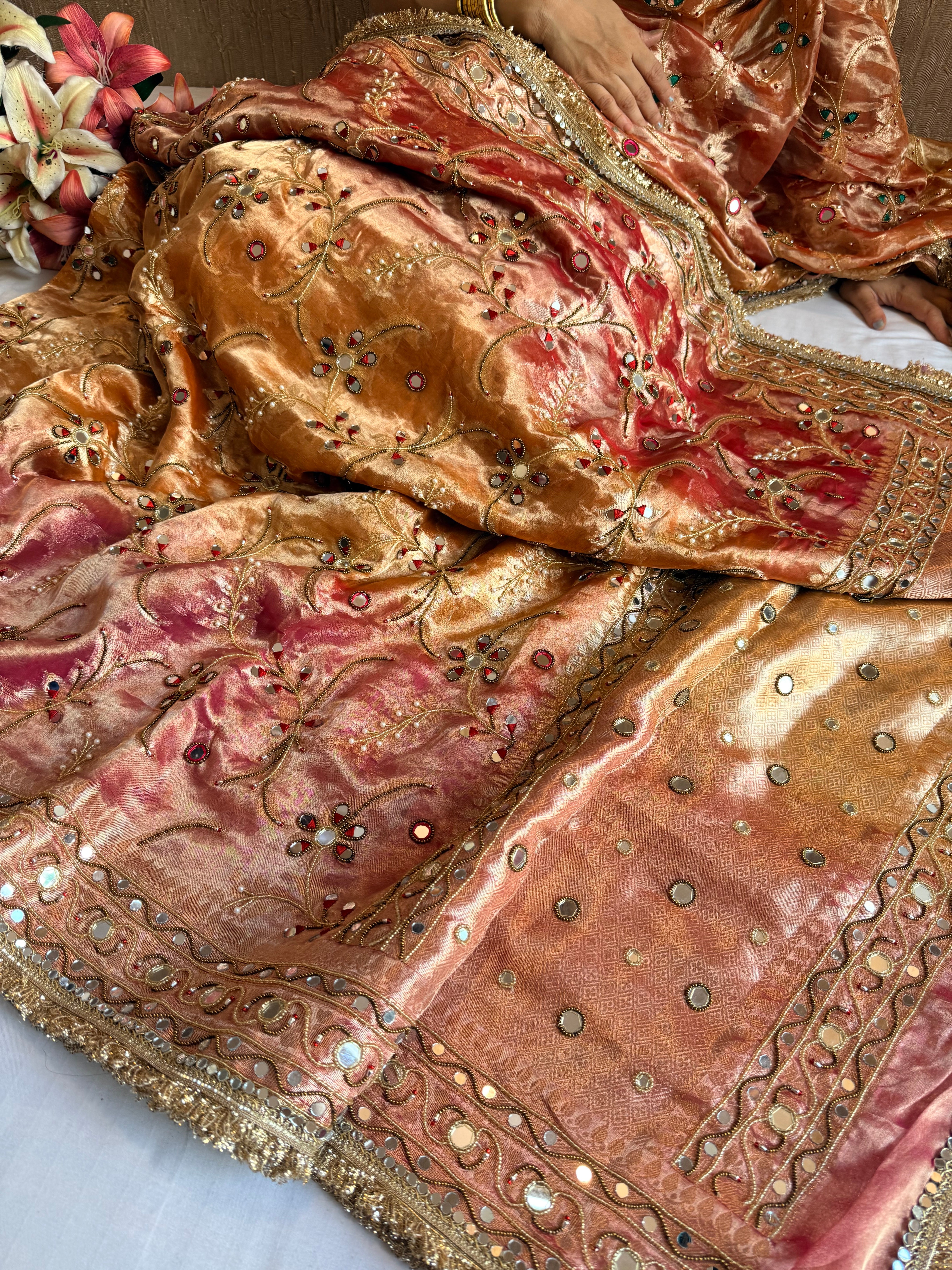 Kumkum edit tissue silk jaalwork hand embroidered saree