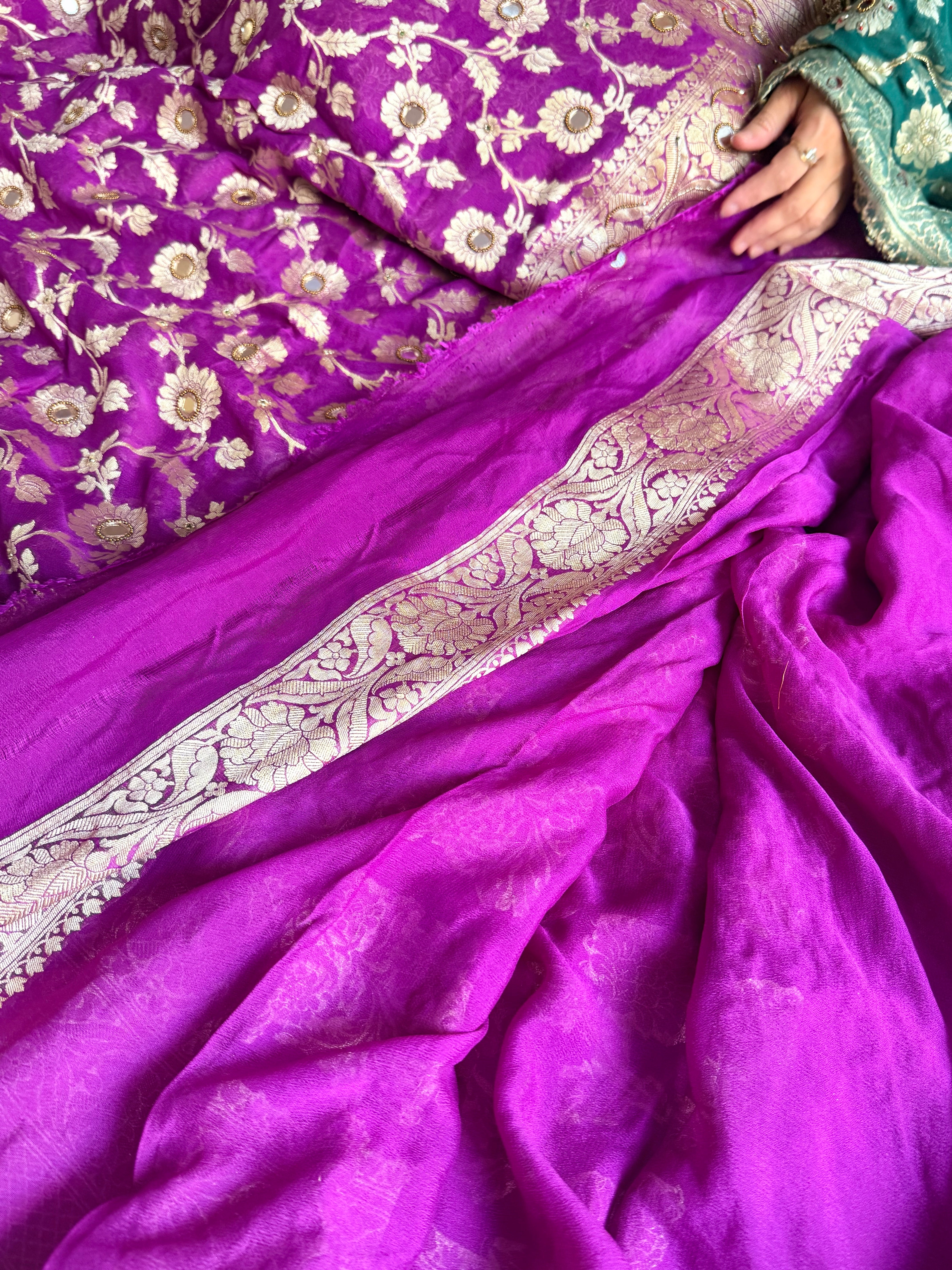 Banarasi chiffon gorgette kadhwa weaving hand embroidered saree