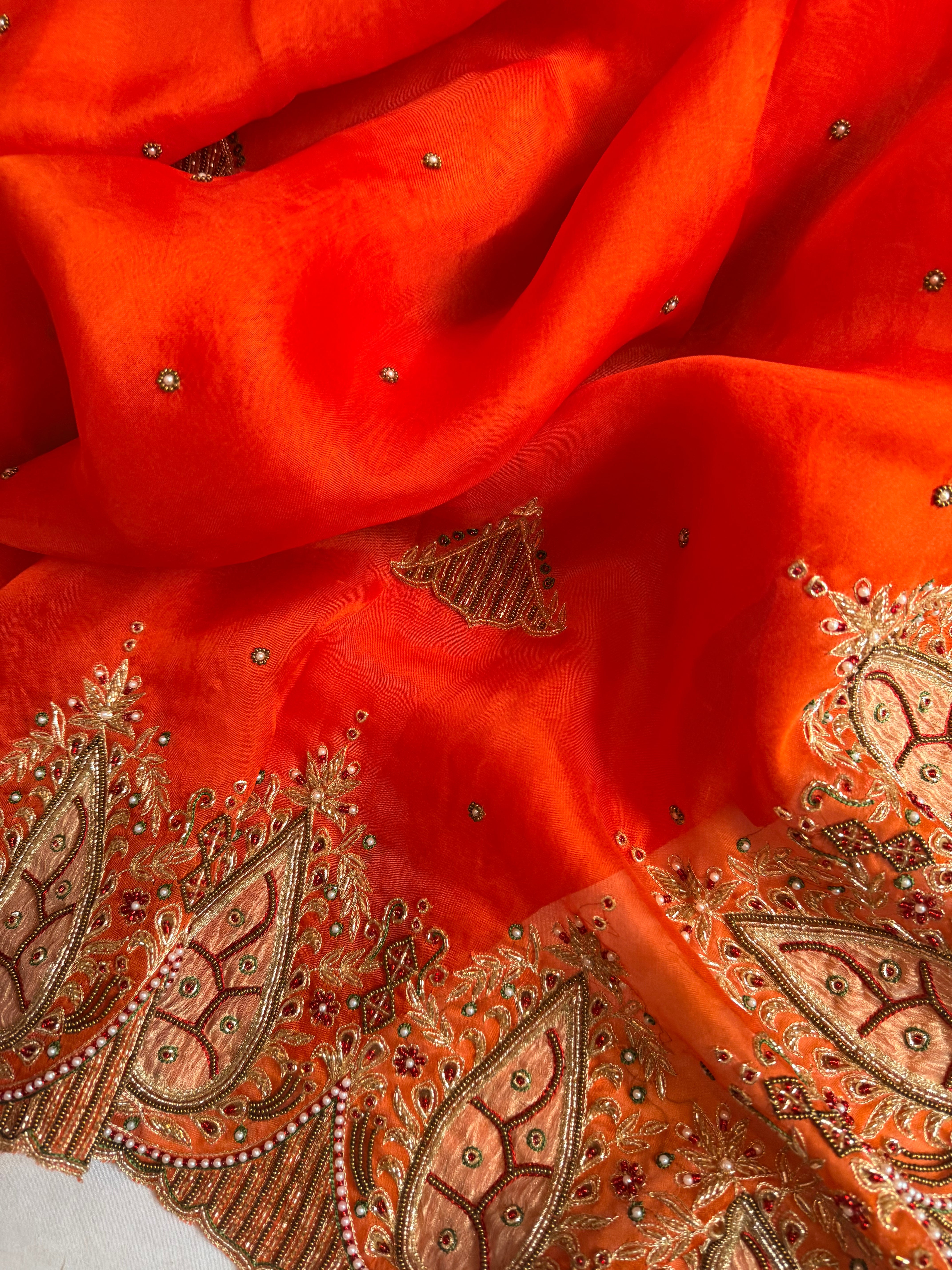 Gulab genda edit - Banarasi Kora silk fanta orange hand embroidered saree