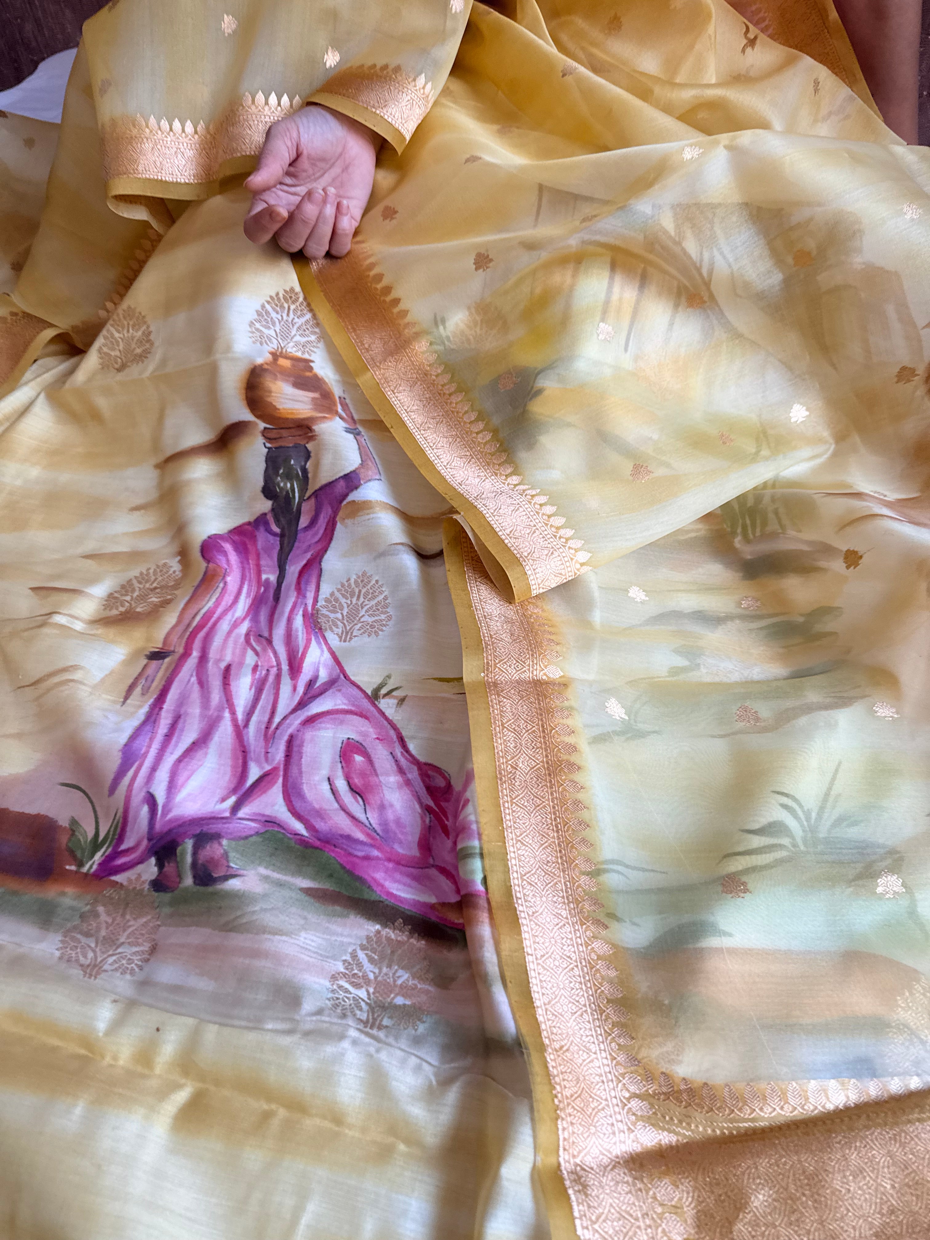 Banarasi kora silk handpainted ghatwork kadhwa buti rainbow dye suits
