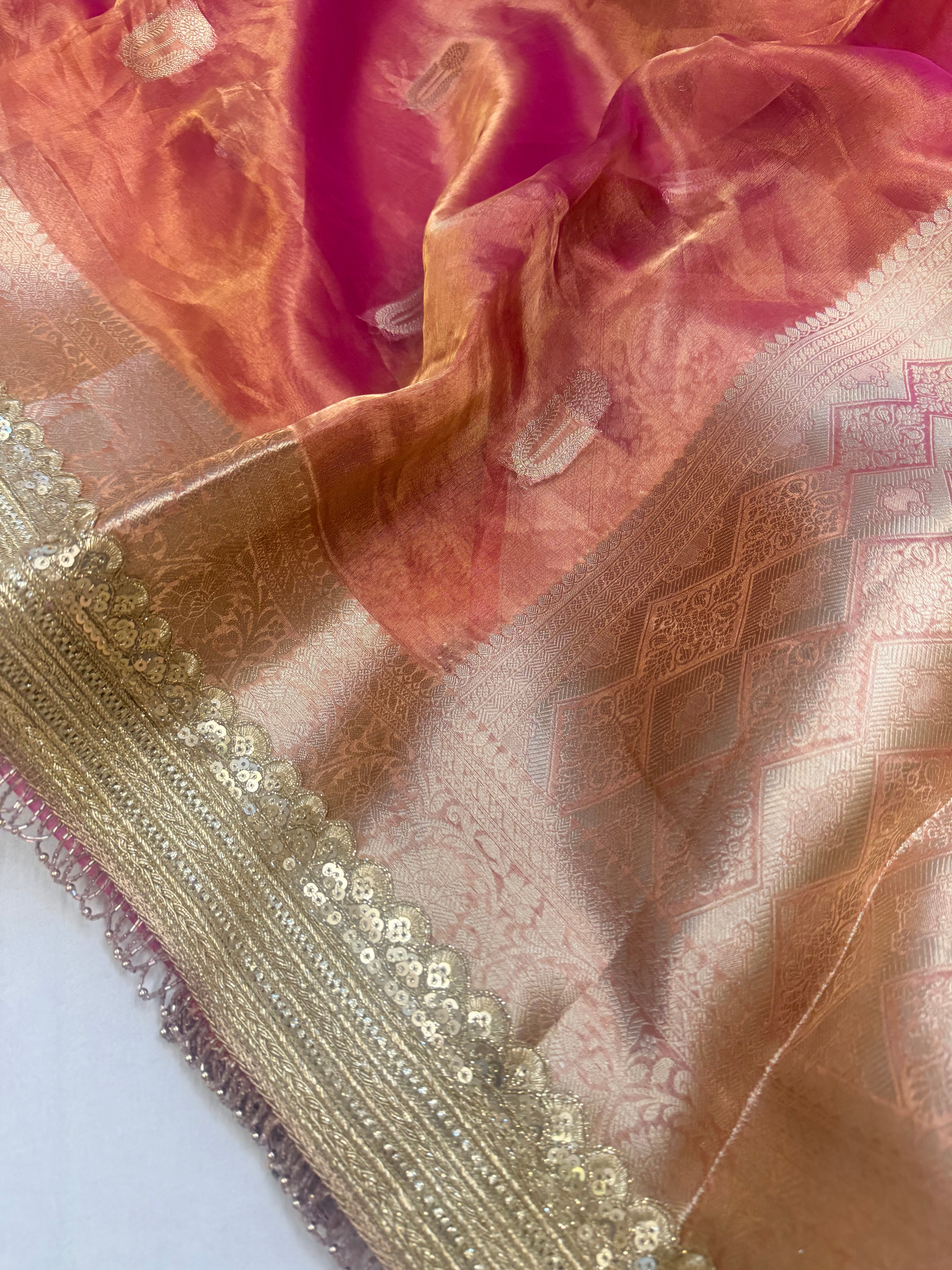 Hot pink tissue silk kadhwa buti gotapatti saree