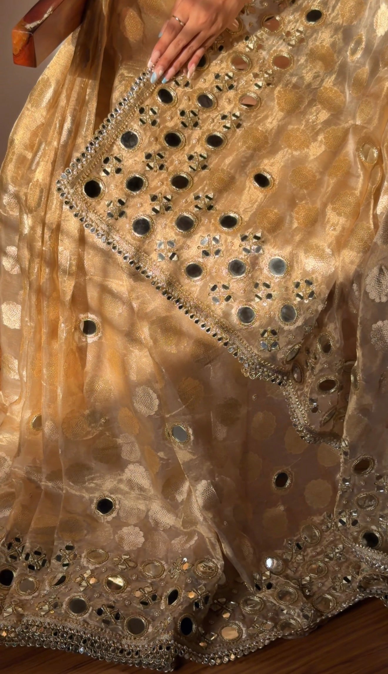 Butter gold kaanch wali mirrorwork hand embroidered tissue silk buti saree