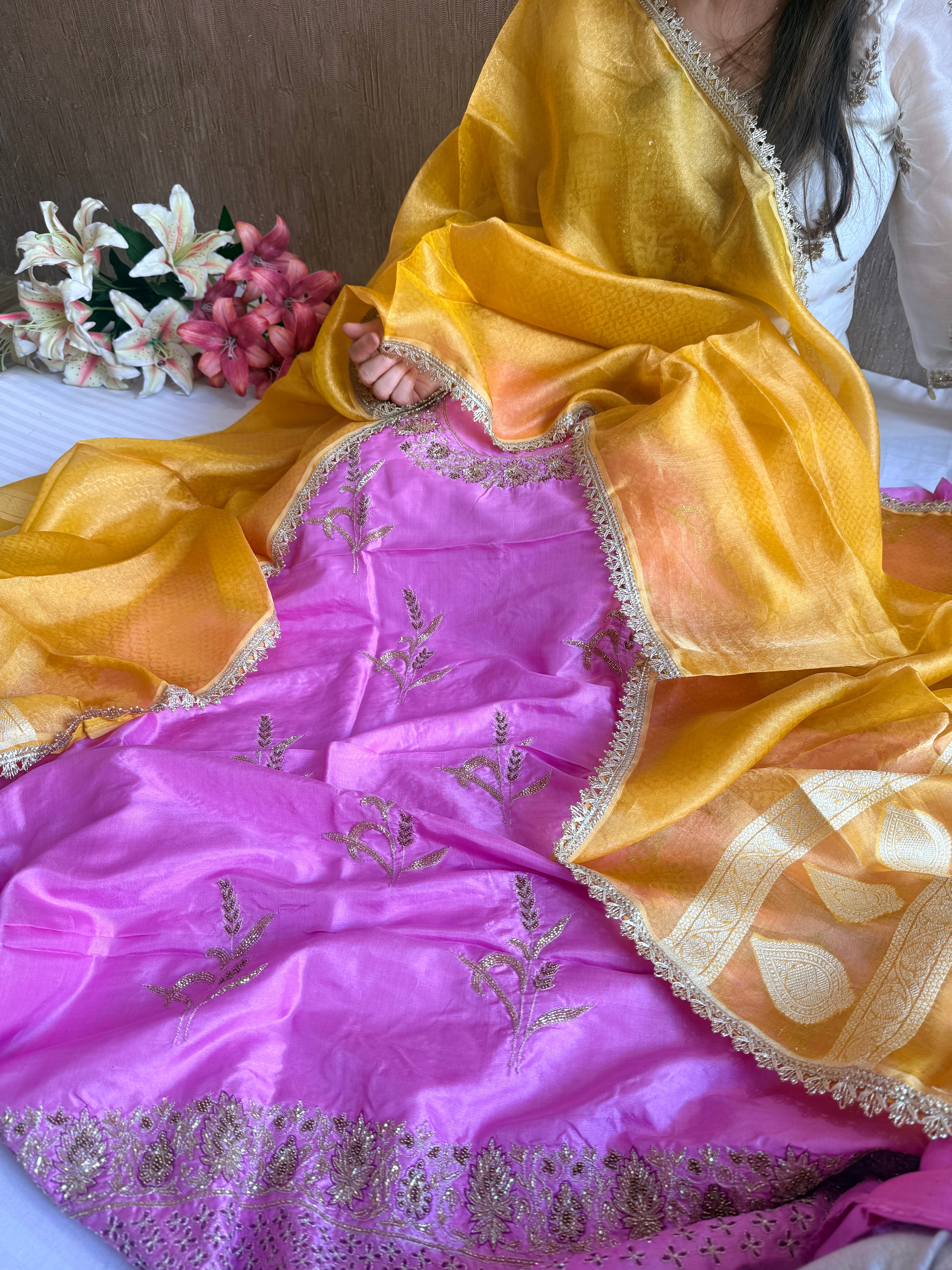 Barbie pink - haldi yellow chiniya silk kadhwa buta kurta paired with kora silk red duppata