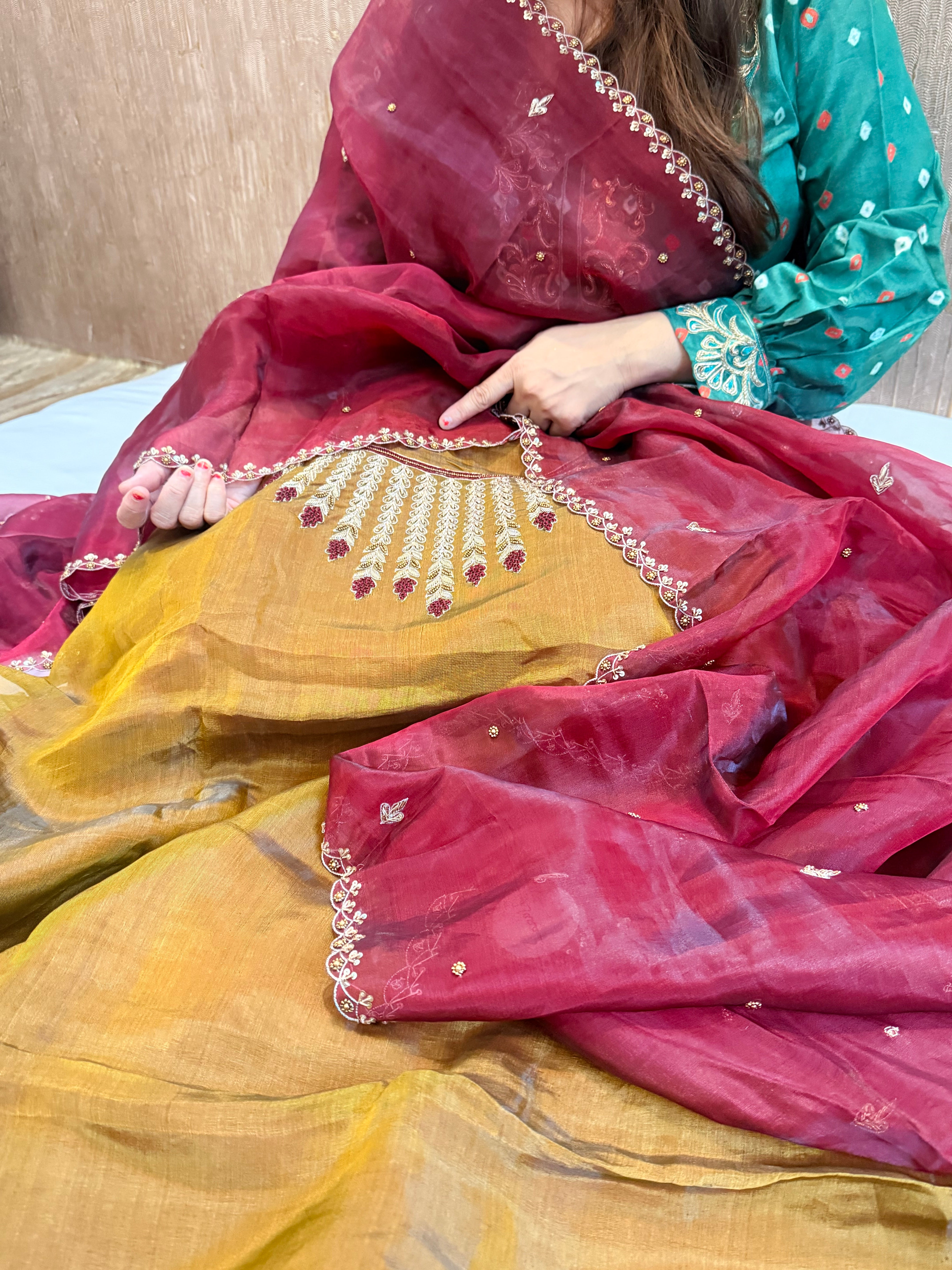 Olive gold-plum kora silk gotapatti hand embroidered suit set