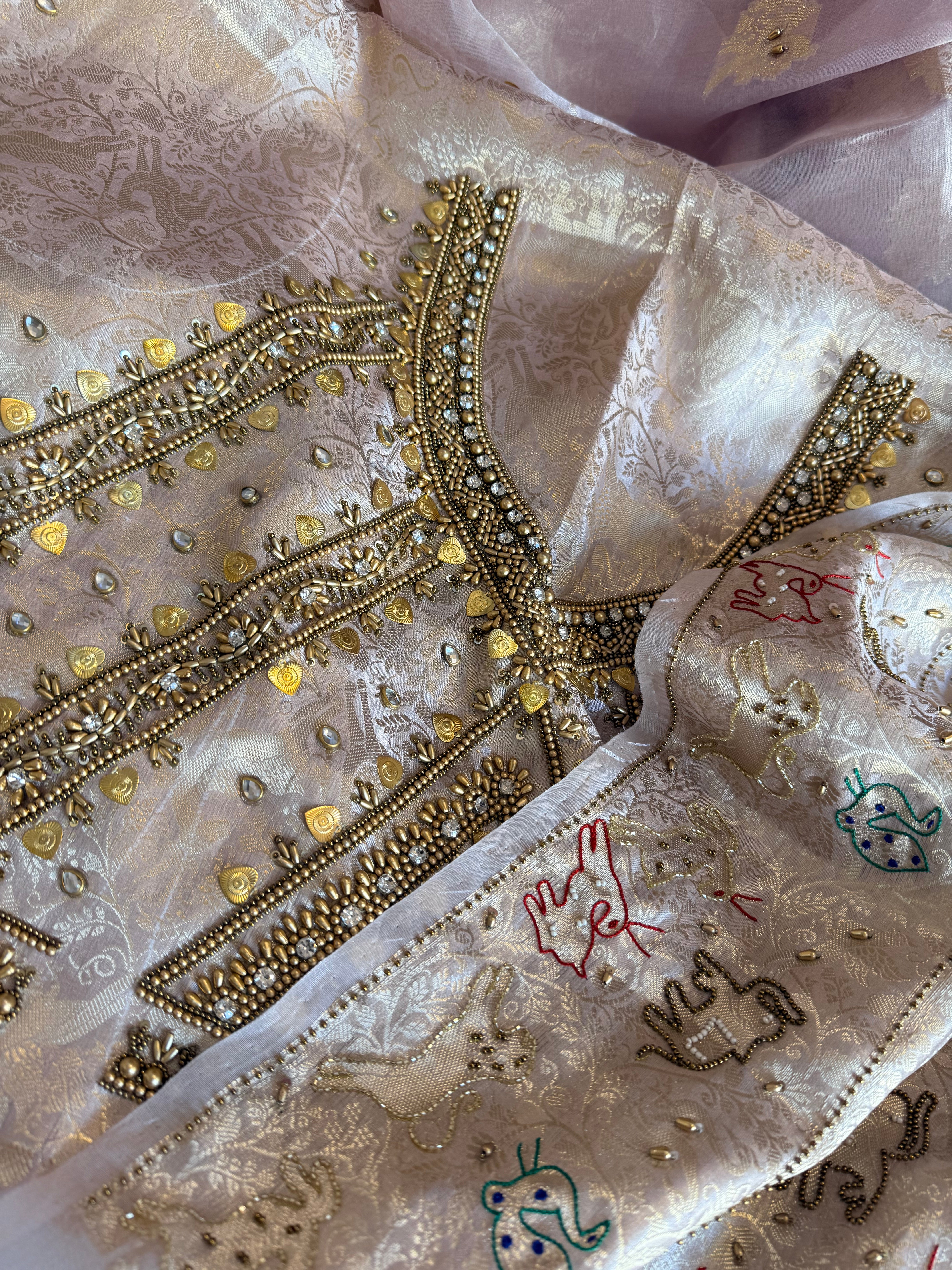 Vrindavan edit saree - Nude lilac diamond tissue silk hand embroidered jadau work saree