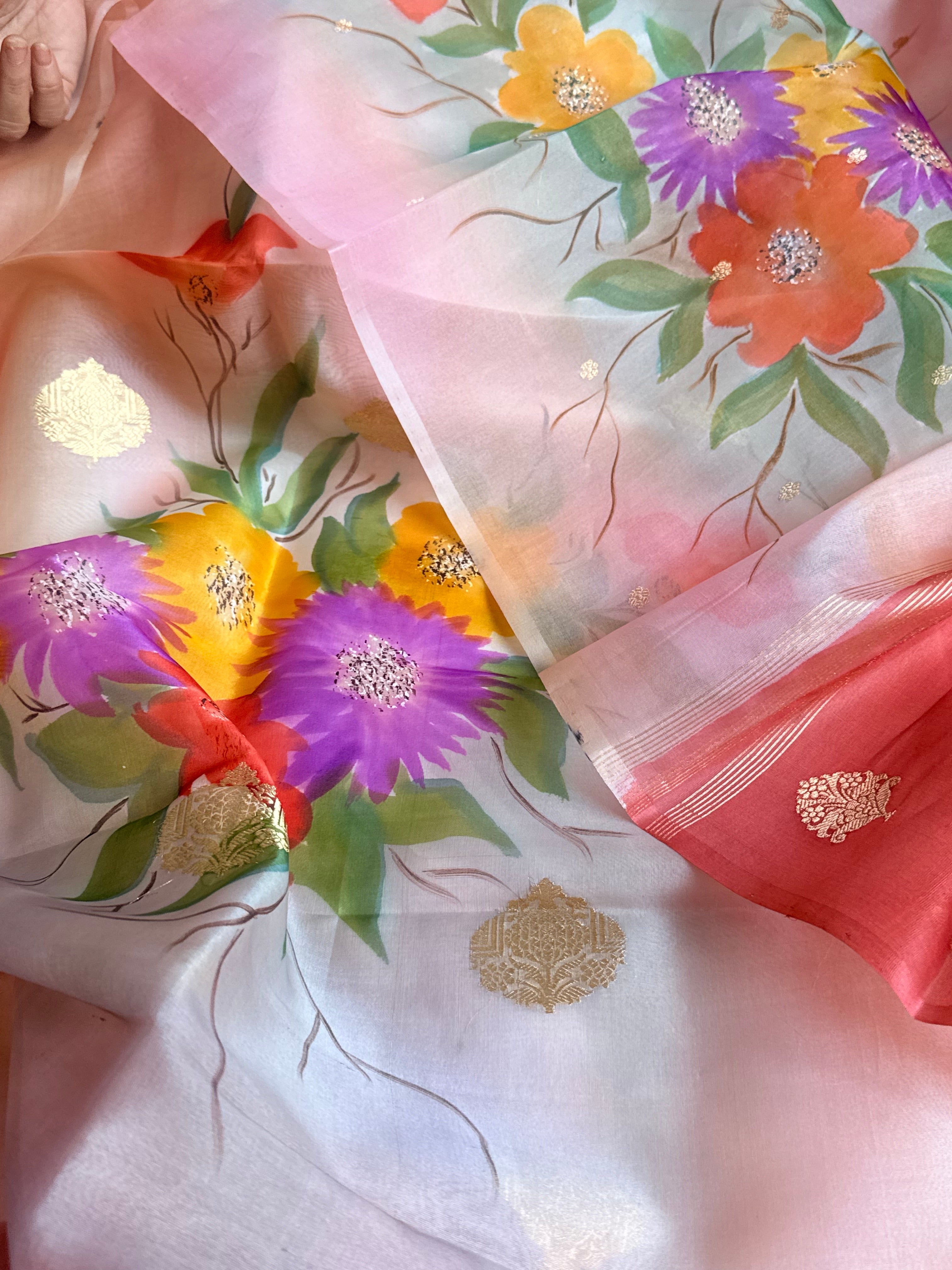 Banarasi kora silk handpainted ghatwork kadhwa buti rainbow dye suits