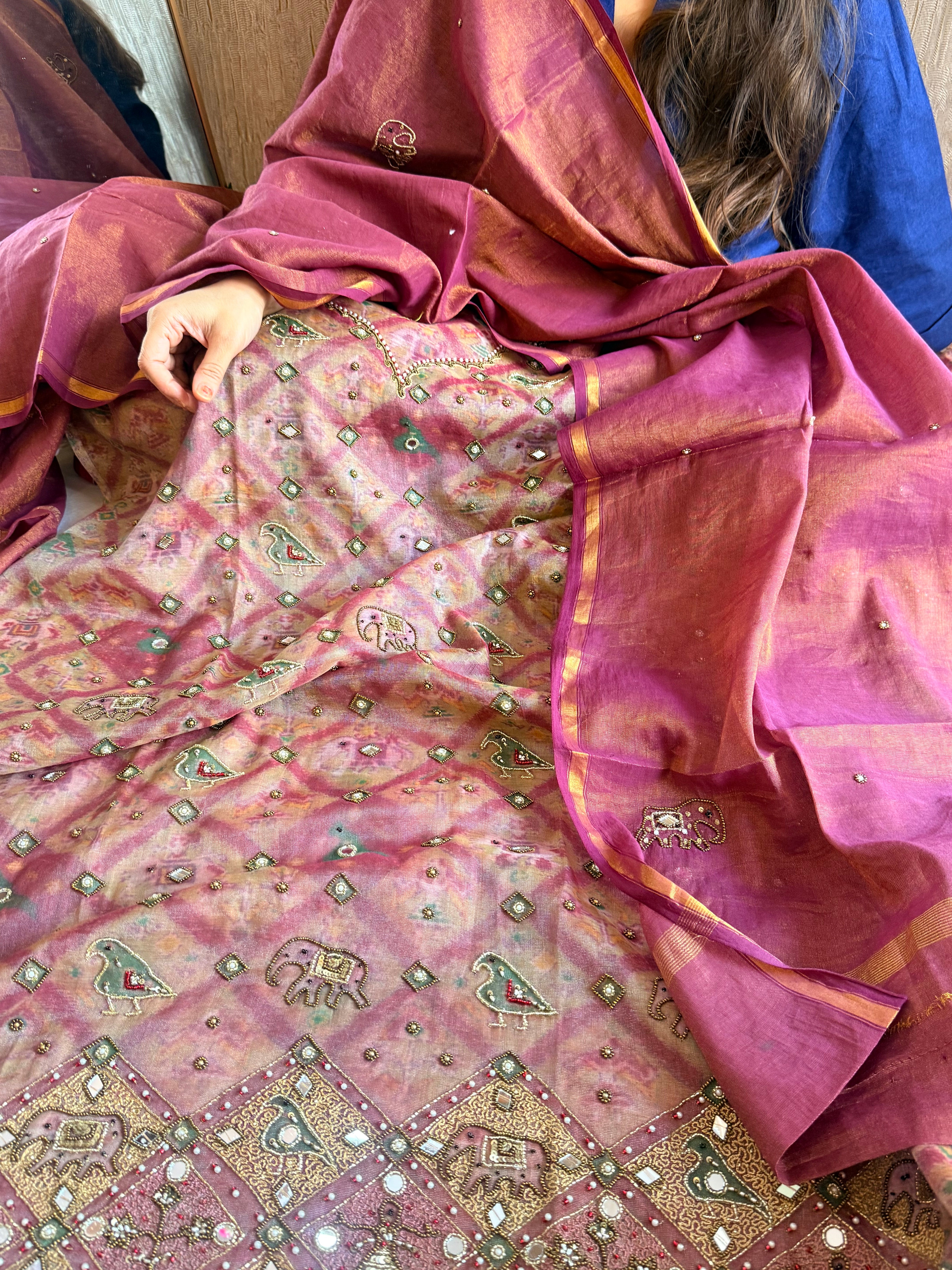 Patola weaving hand embroidered mul cotton tissue suit sets