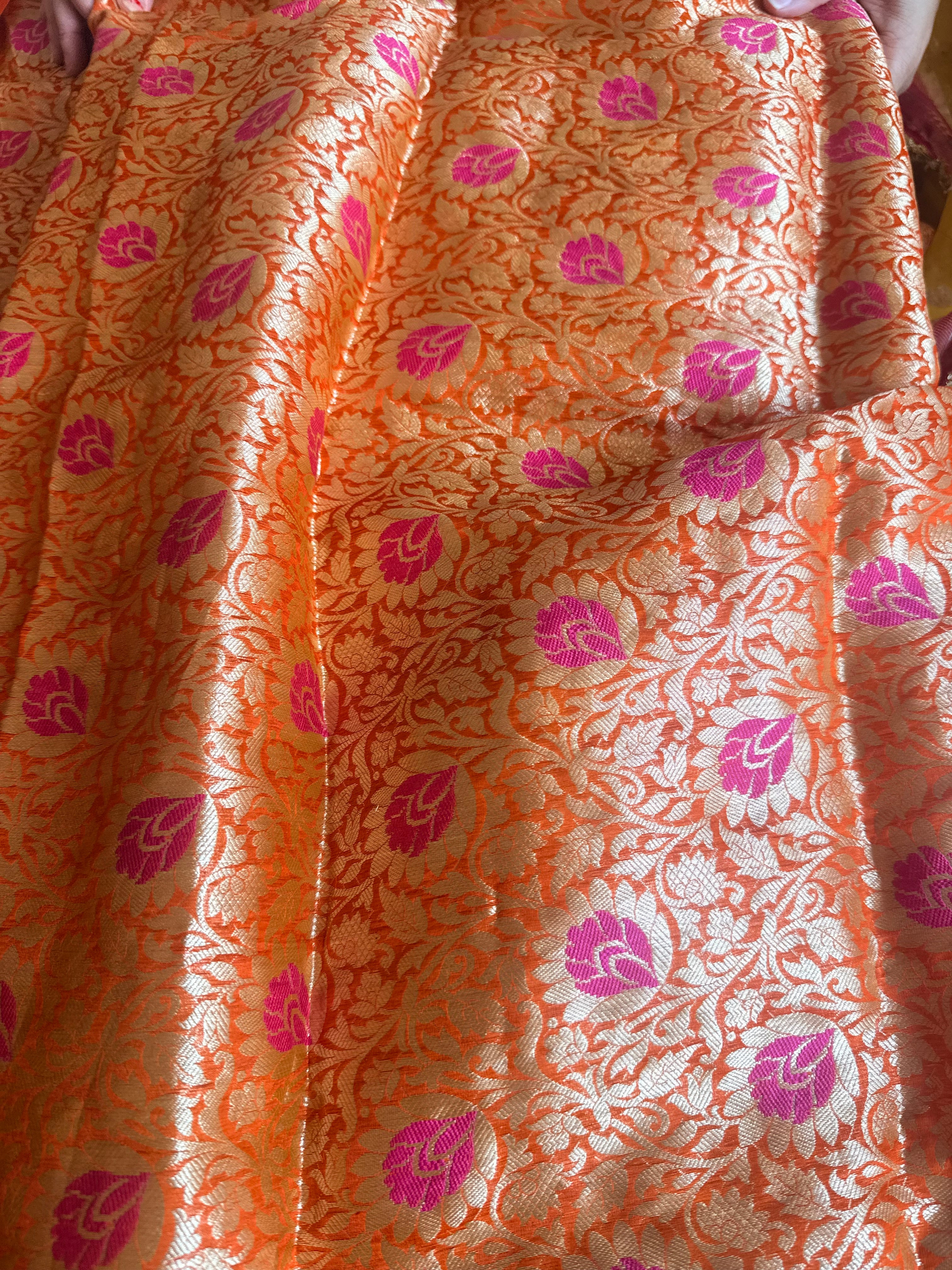 Haldi yellow-sindoori orange husn kora silk mirror work hand embroidered saree