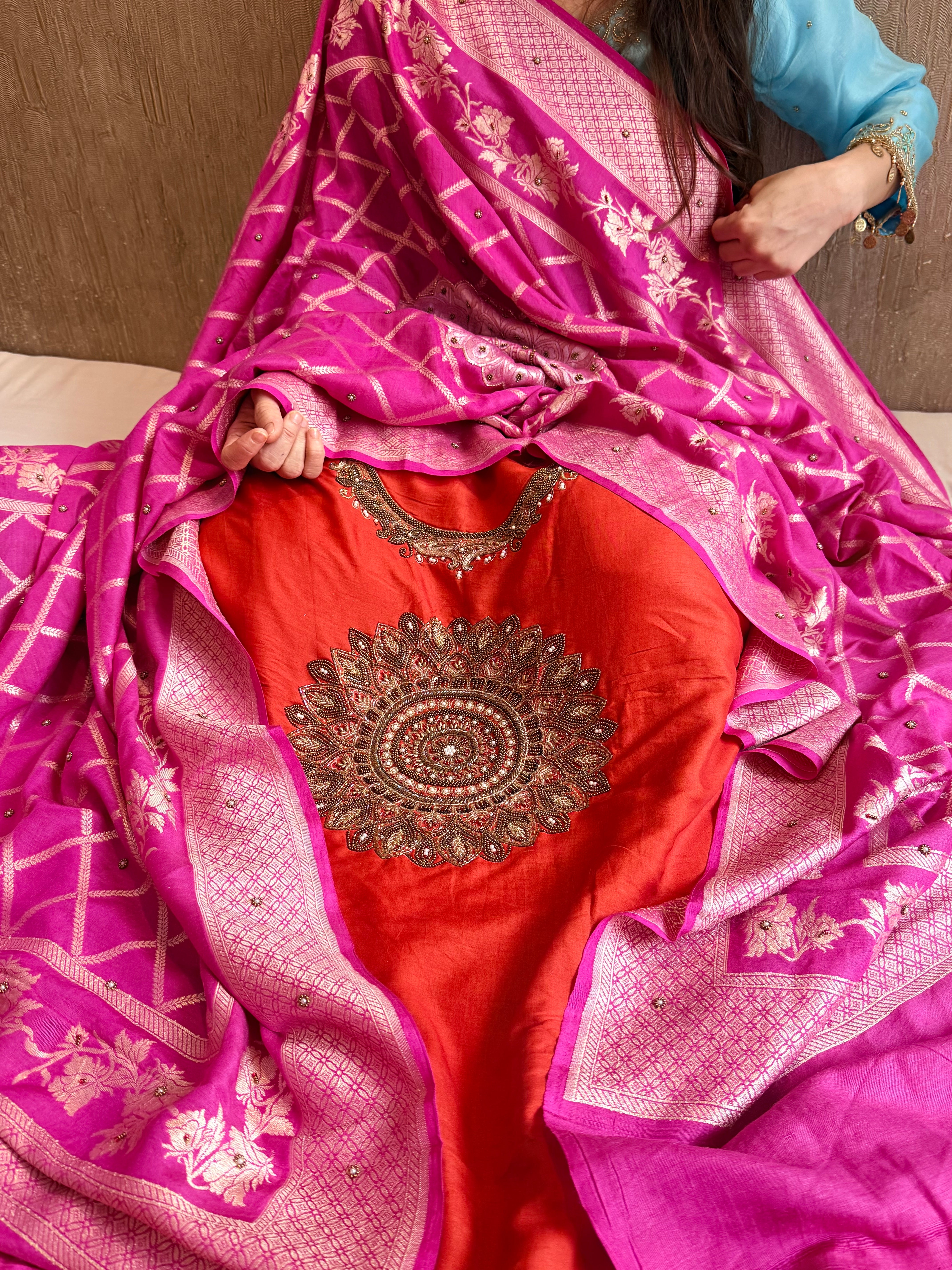 Burnt orange - Hot pink spun chiniya silk hand embroidered mandala work suit set